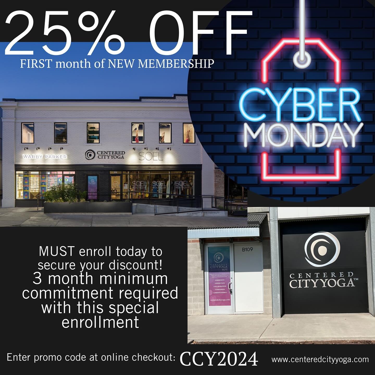 It&rsquo;s CYBER MONDAY at #CCY 🧘&zwj;♀️🧘🧘&zwj;♂️

👉🖤🤍🔥25% OFF your first month of MEMBERSHIP for NEW ENROLLMENTS 🤍🖤🔥👈

How ideal&hellip;because all session registrations are required to be completed ONLINE before you arrive to the studio 