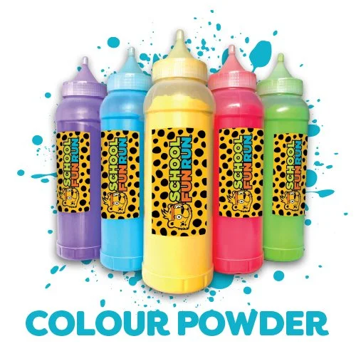 Five bottles of colorful school glue with splash background and label reading 'school fun run' and 'colour powder'.