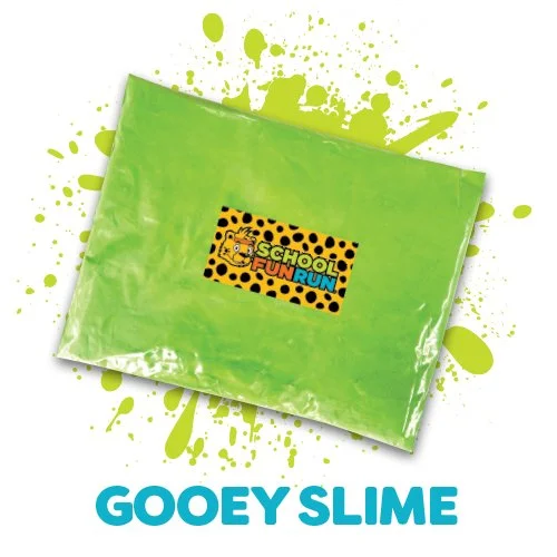 Bright green slime package with a label reading "School Fun Run" featuring a tiger graphic, displayed against a splattered green background and labeled "Gooey Slime" at the bottom.