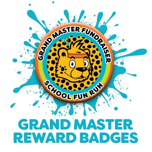 A colorful logo for the Grand Master Fun Run, featuring a cartoon cheetah wearing a headband, surrounded by a rainbow circle and blue splashes of paint. The text reads "Grand Master Fundraiser School Fun Run" and "Grand Master Reward Badges."