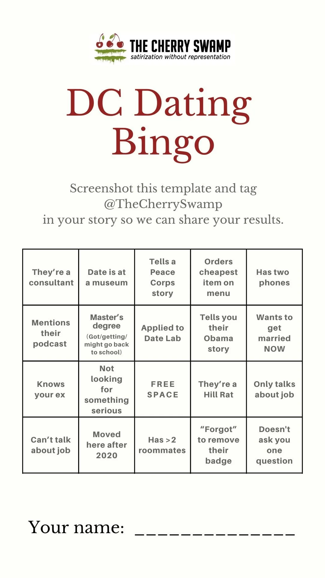 Your Official DC Dating Bingo Card