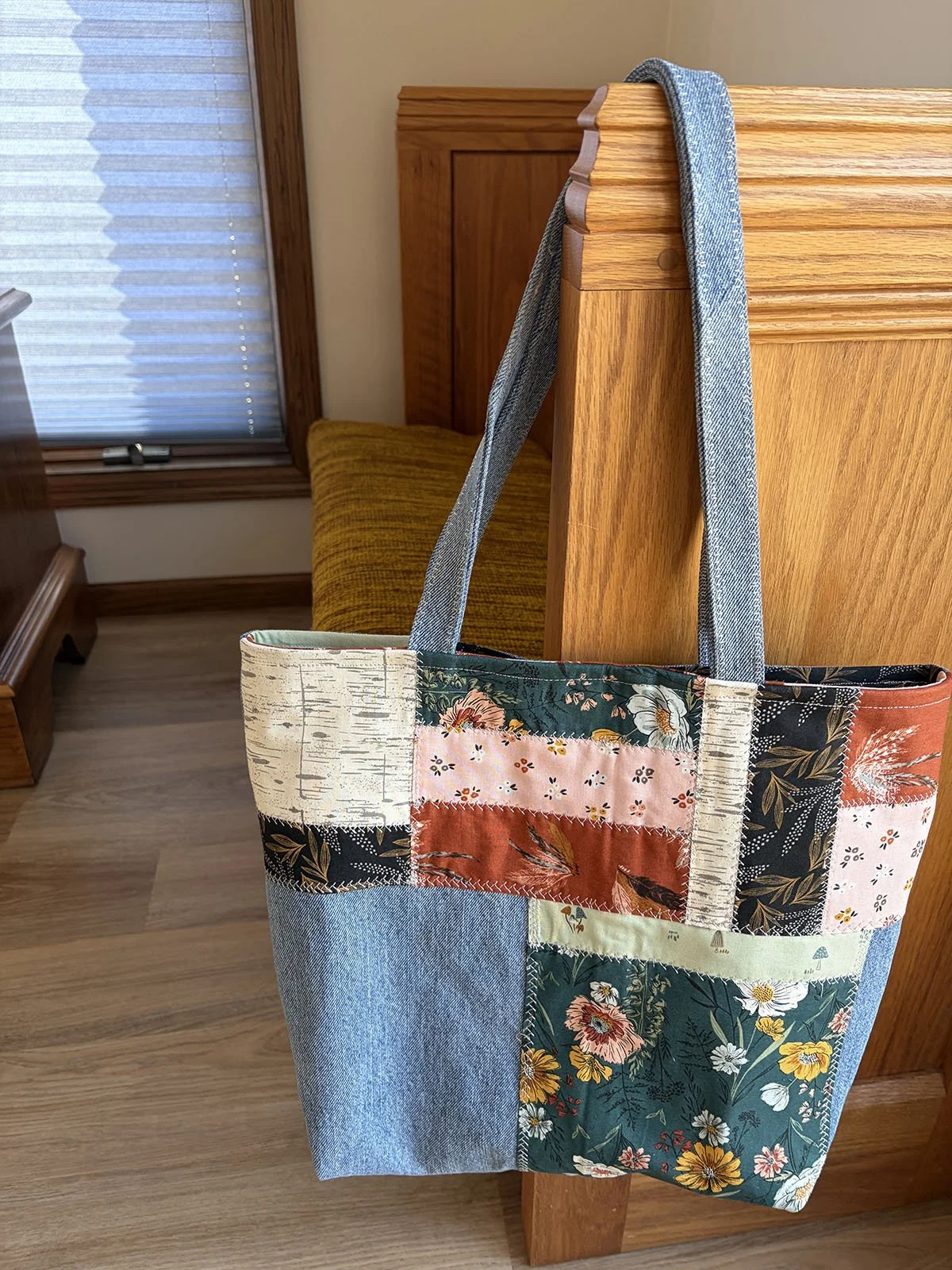 Denim Bat, Other, 14x16: Jean Regier, Living Hope Church, Henderson

Color Challenge 
This bag is made with recycled denim and the fabric from the Color Challenge.  A great bag to tote your stuff!