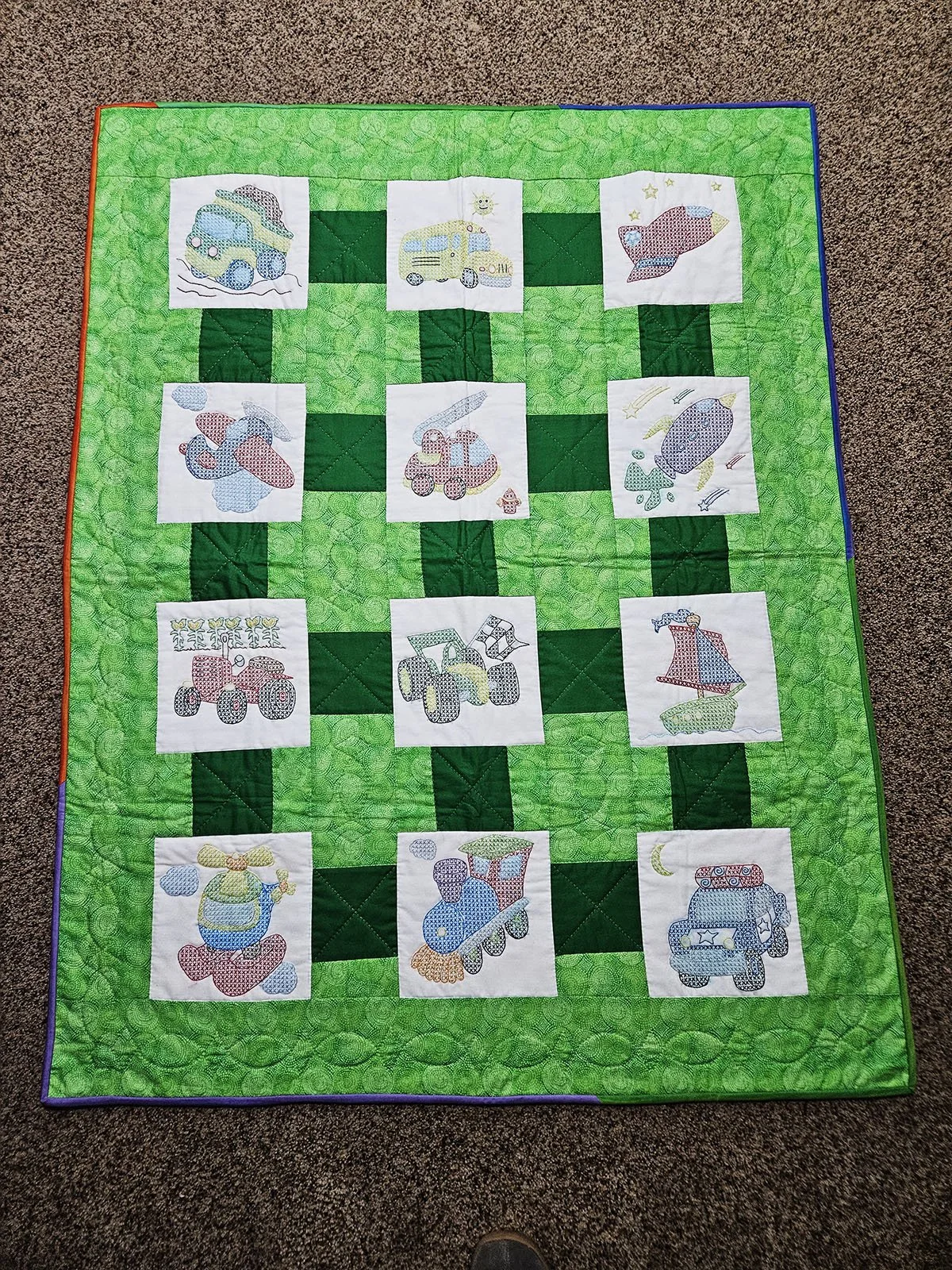 Planes, Trains, Automobiles, Quilt, Baby, 44x53: Bethesda Women's Ministries, Bethesda Mennonite Church

This Planes, Trains, and Automobiles baby quilt was embroidered by LaVera Gross, pieced by Ann Peters, and quilted and donated by Bethesda Women'