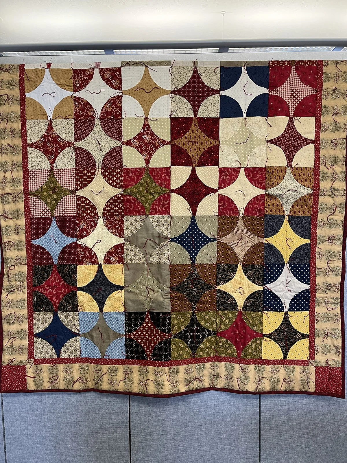 Snowball, Comforter, Full, 58x68: Salem Mennonite Women, Salem Mennonite Church, Shickley

This Quilt top was purchased at the Kansas Relief Sale. Maker is unknown. It is made with browns gold, red and blue pieces.
