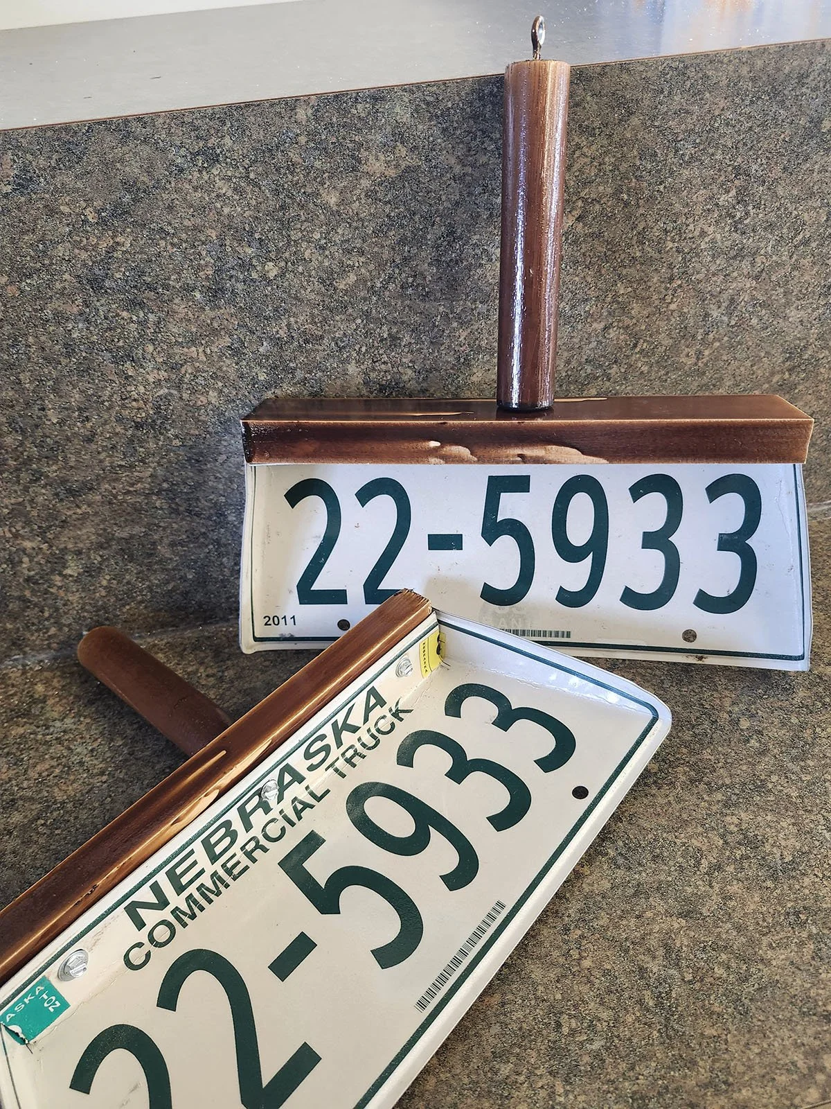 Two License Plate Dust Pans: Salem Mennonite Church, Shickley