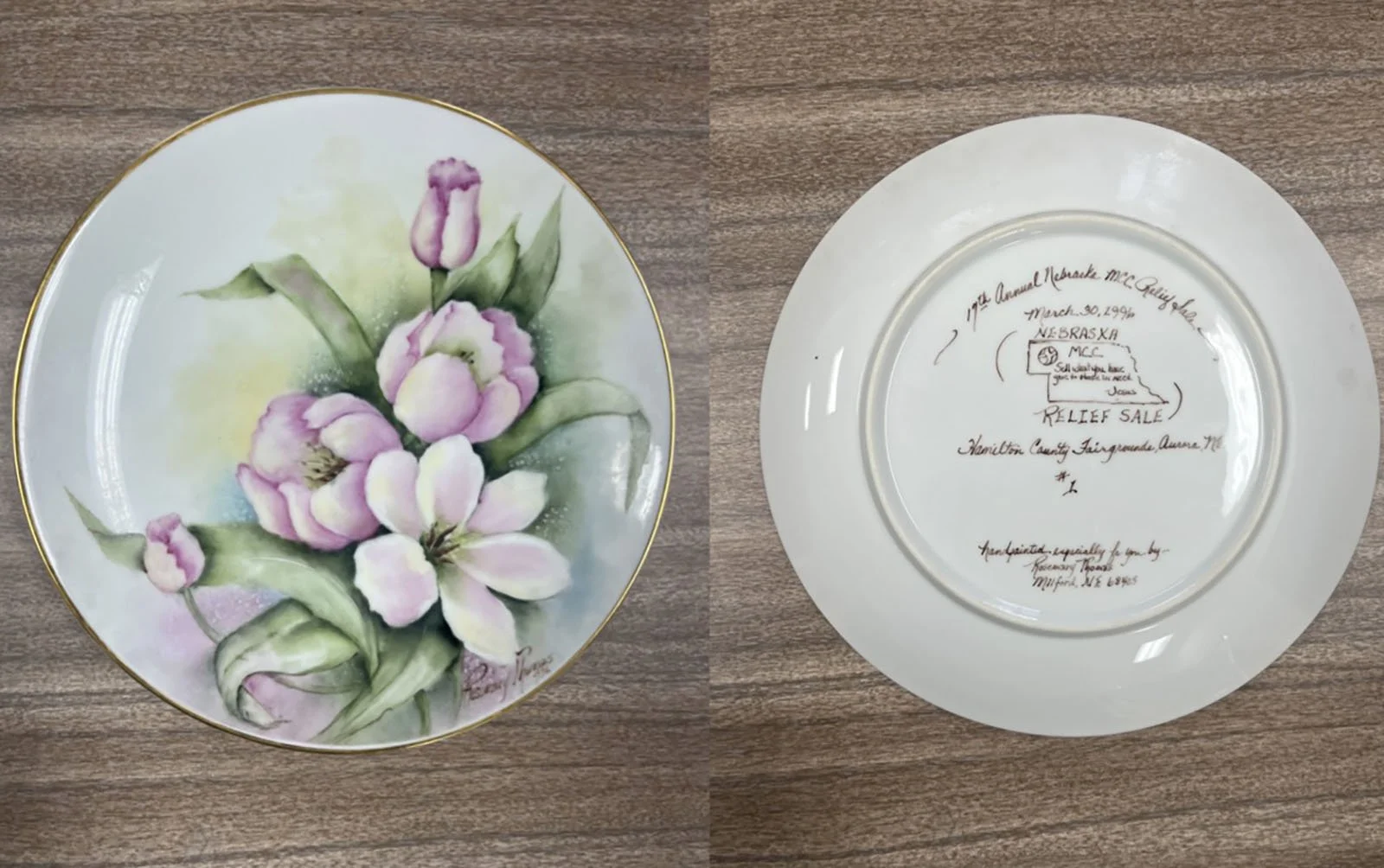 Rosemary Thomas Hand Painted 1996 MCC Sale Plate: Friend of MCC, Bellwood Mennonite, Milford