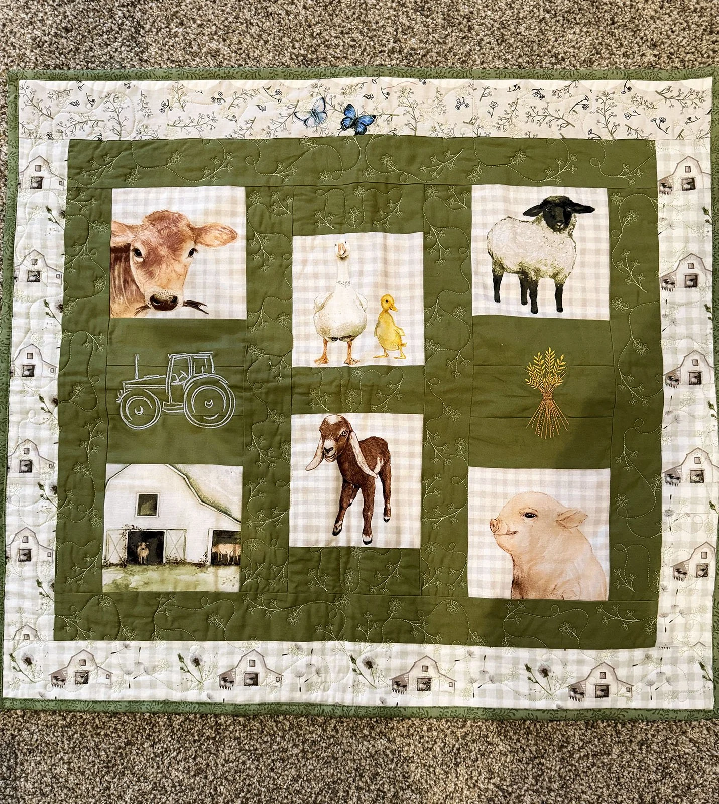 Animals on the Farm, Other, 25x28: Pam Kunzman, First Mennonite Church, Beatrice

This quilt is pieced with quilting cotton and includes some embroidery designs. All over quilting was done by embroidery machine, Kimberbell clear Blue Tiles. It has a 
