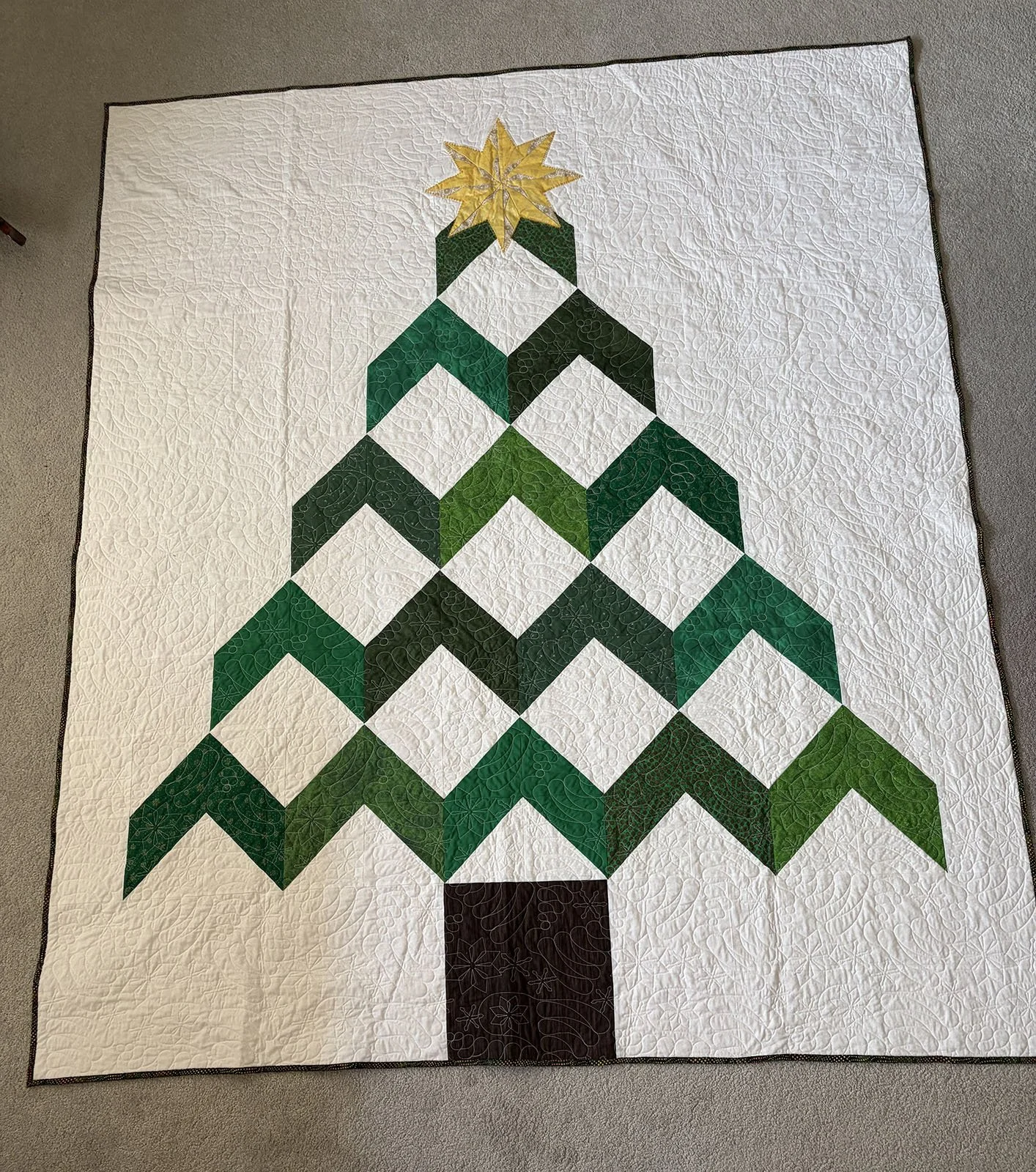 Christmas Tree Quilt, Full, 71x83: Jean Regier, Living Hope Church, Henderson

A Christmas tree created with a chevron pattern in varying shades of green.  It was pieced and machine quilted by my sister, Loraine Smith.