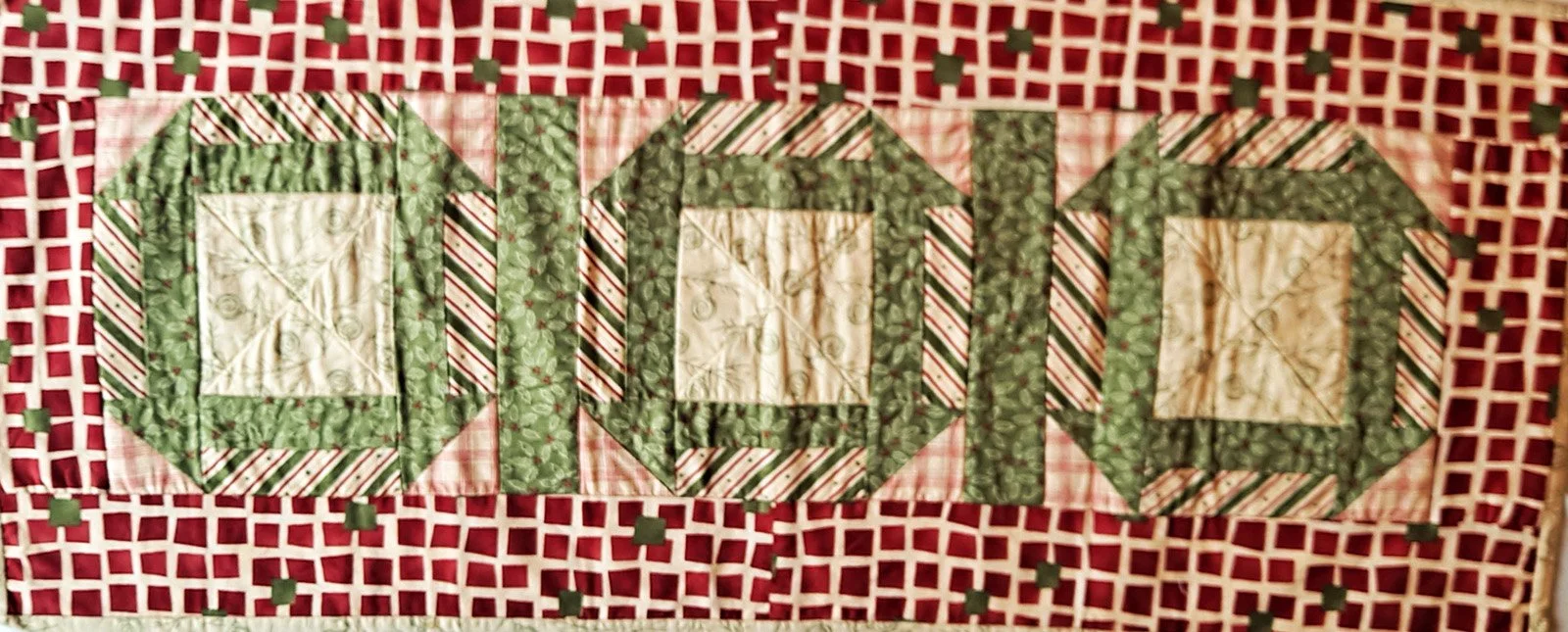 Christmas Holly, Table Runner, 17x38: Rhonda Brubacher, First Mennonite Lincoln

Machine quilted by Diana Tappe from McCook, NE.  Holly and Christmas Tree boughs fabric design.