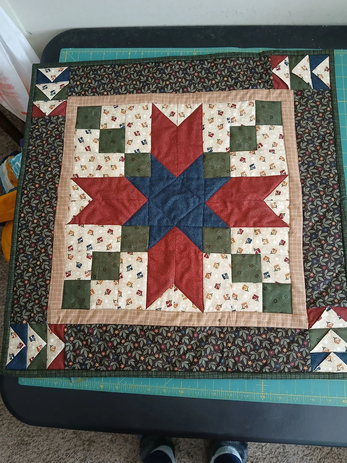 Star, Other, 23x23: Ranae Martin, Non-Affiliated Individual

Quilted piece using fat quarters purchased from 2025 Nebraska MCC sale. It was adapted using Blackfords Beauty with corner flying geese. It can be used as a table topper or has a sleeve for