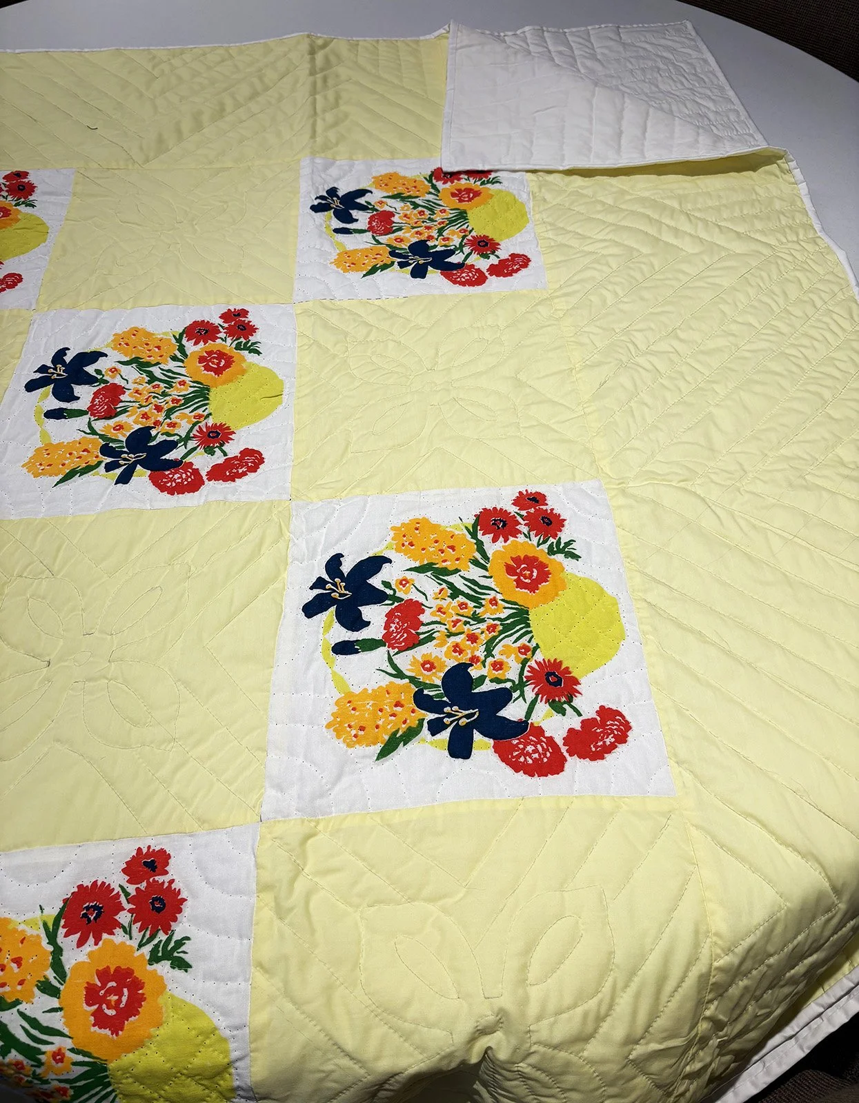 Flower Basket, Quilt, Full, 80x77: Beth-El Community Church, Mennonite Central Committee

A yellow background with bouquets of flowers. Hand quilted with white back.