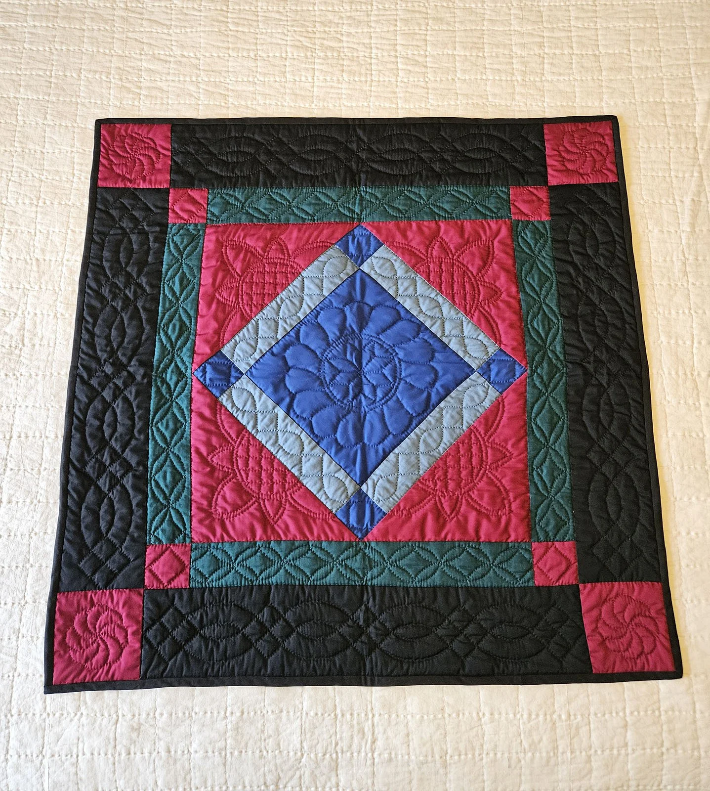 Amish Square in a Sq., 34x34: Material Resources Center of Ephrata, Pa.

This Amish Square in a Square wall hanging features a blue square on point with a light blue border on a red square with a green inner border and black outer border; pieced and 