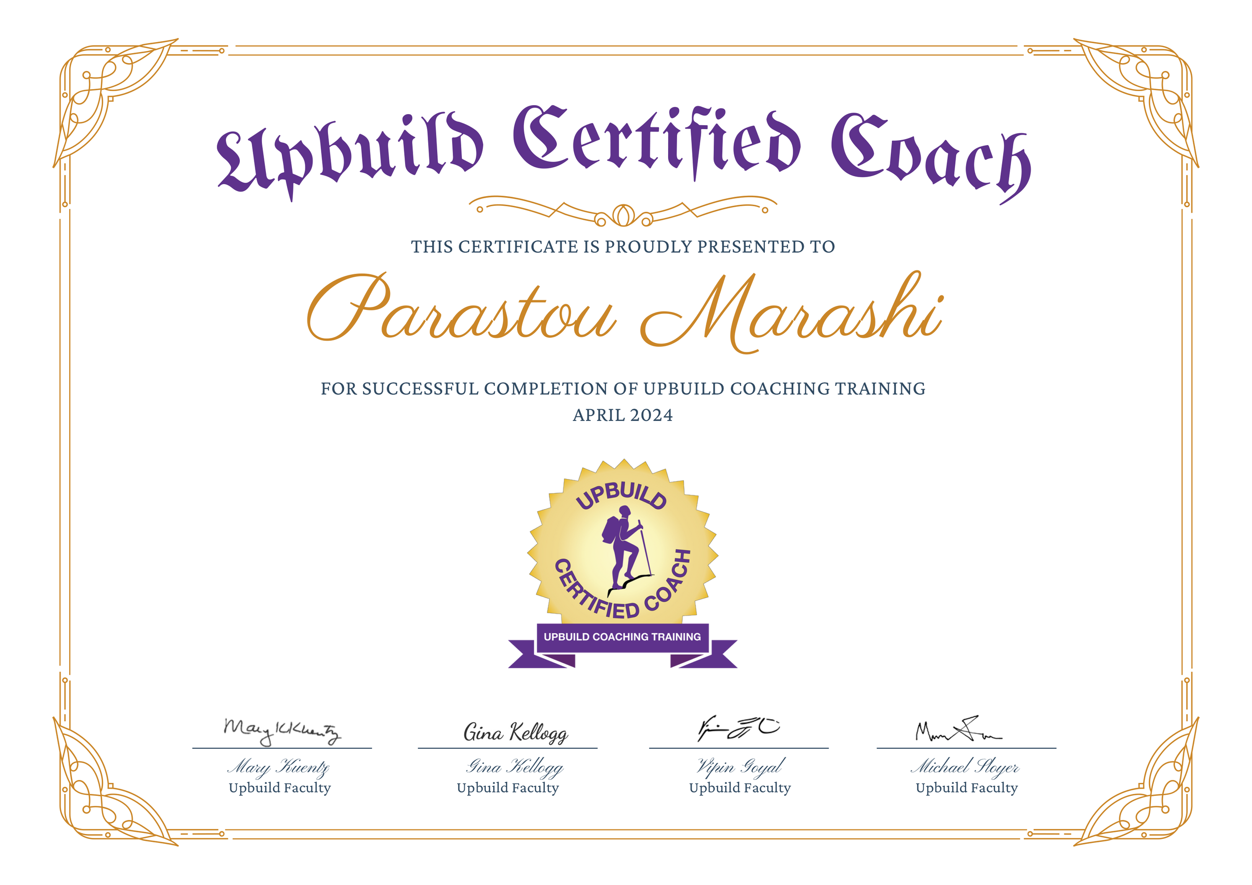 Certificate of completion from Upbuild for Parastou Marashi for successful completion of Upbuild coaching training in April 2024, featuring a gold and purple logo with a hiker silhouette and signatures at the bottom.