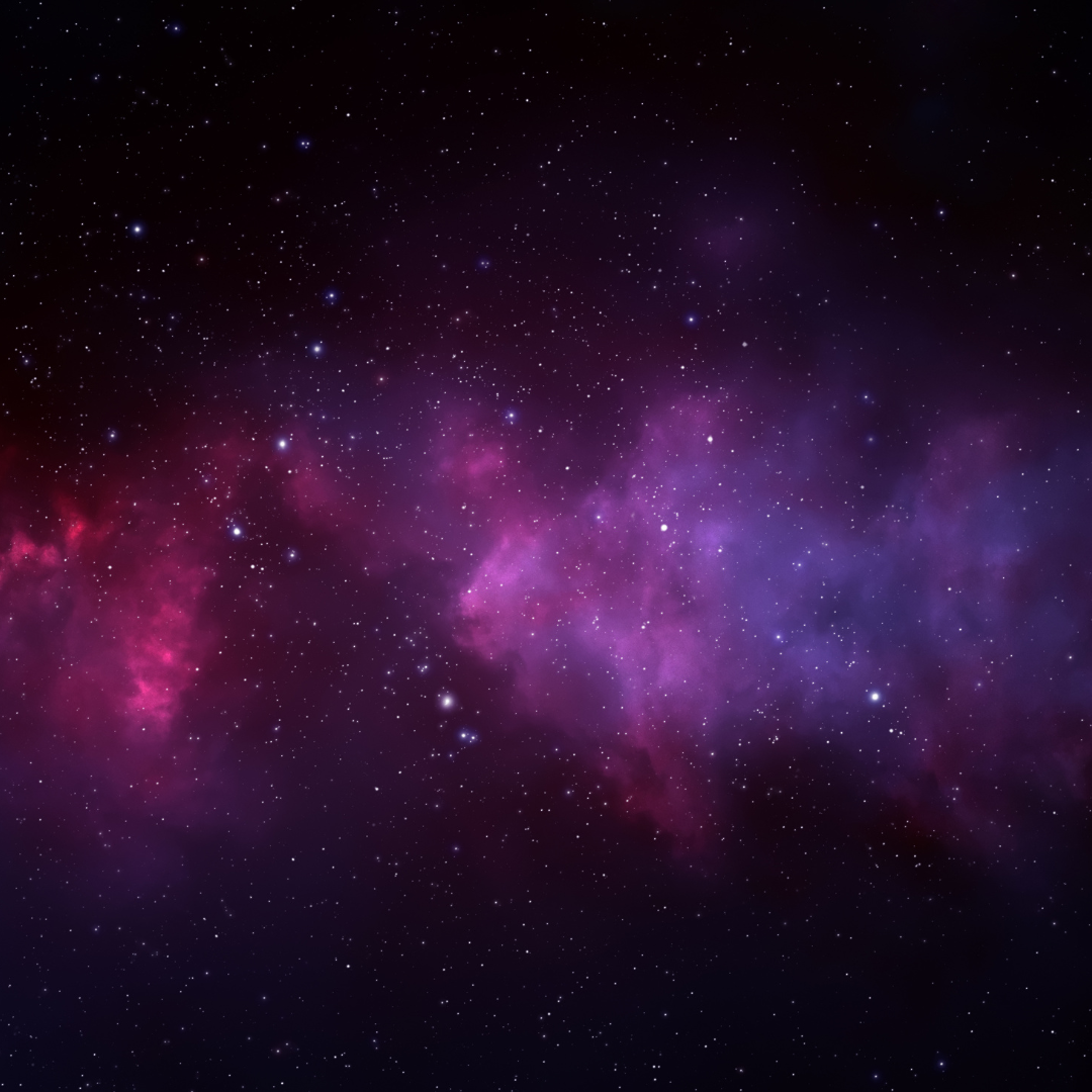 Purple and pink nebula glows in a star-filled night sky with scattered bright points of light.