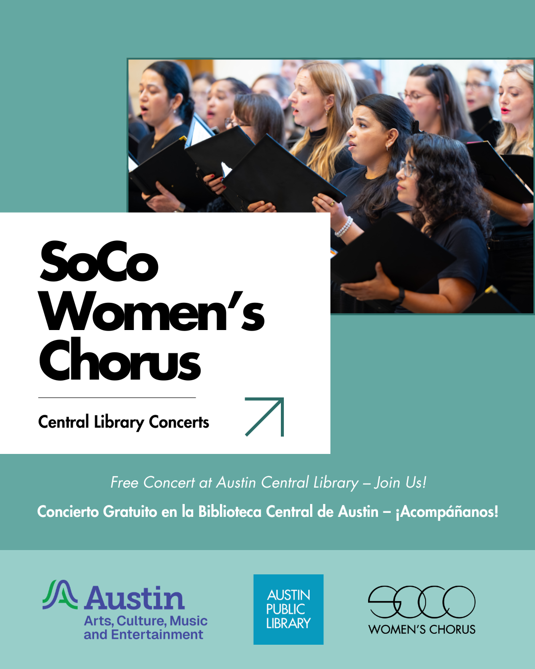 SoCo Women’s Chorus sings during Central Library concert, inviting community to free  event.