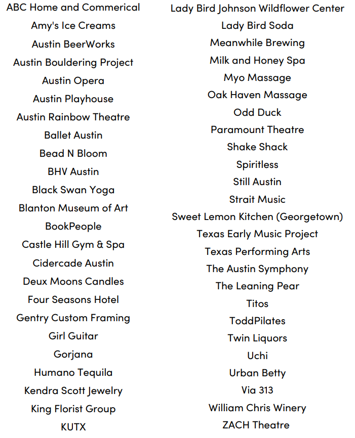 List of local businesses and arts groups who donated to our nonprofit chorus’s silent auction.