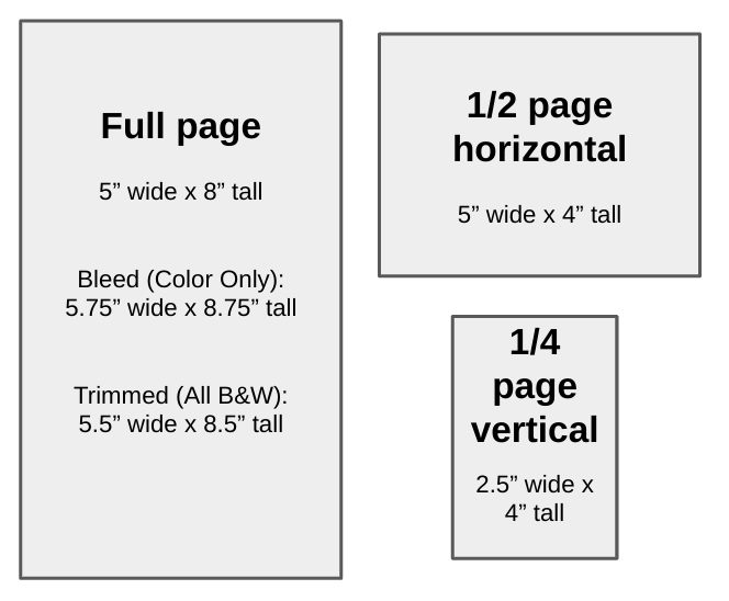 Diagram showing online playbill ad sizes including full page, half page horizontal, and quarter page vertical with exact width, height, and bleed measurements.