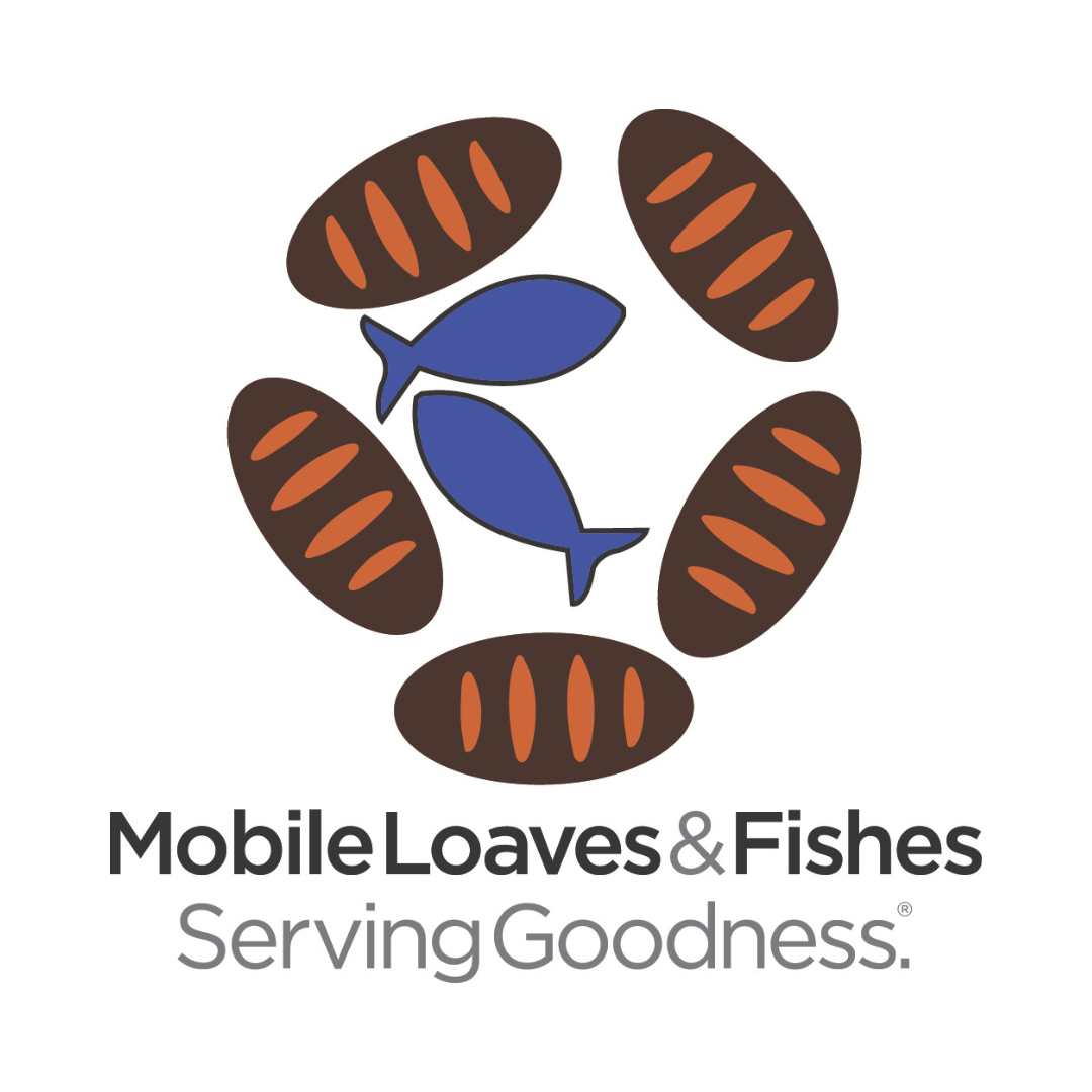 Mobile Loaves & Fishes logo with bread loaves and fish and the tagline Serving Goodness