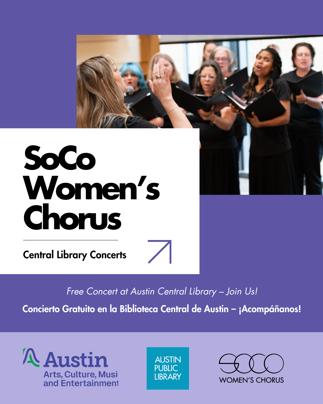 Conductor leads diverse group of singers singing in harmony during SoCo Women's Chorus concert at Austin Central Library.