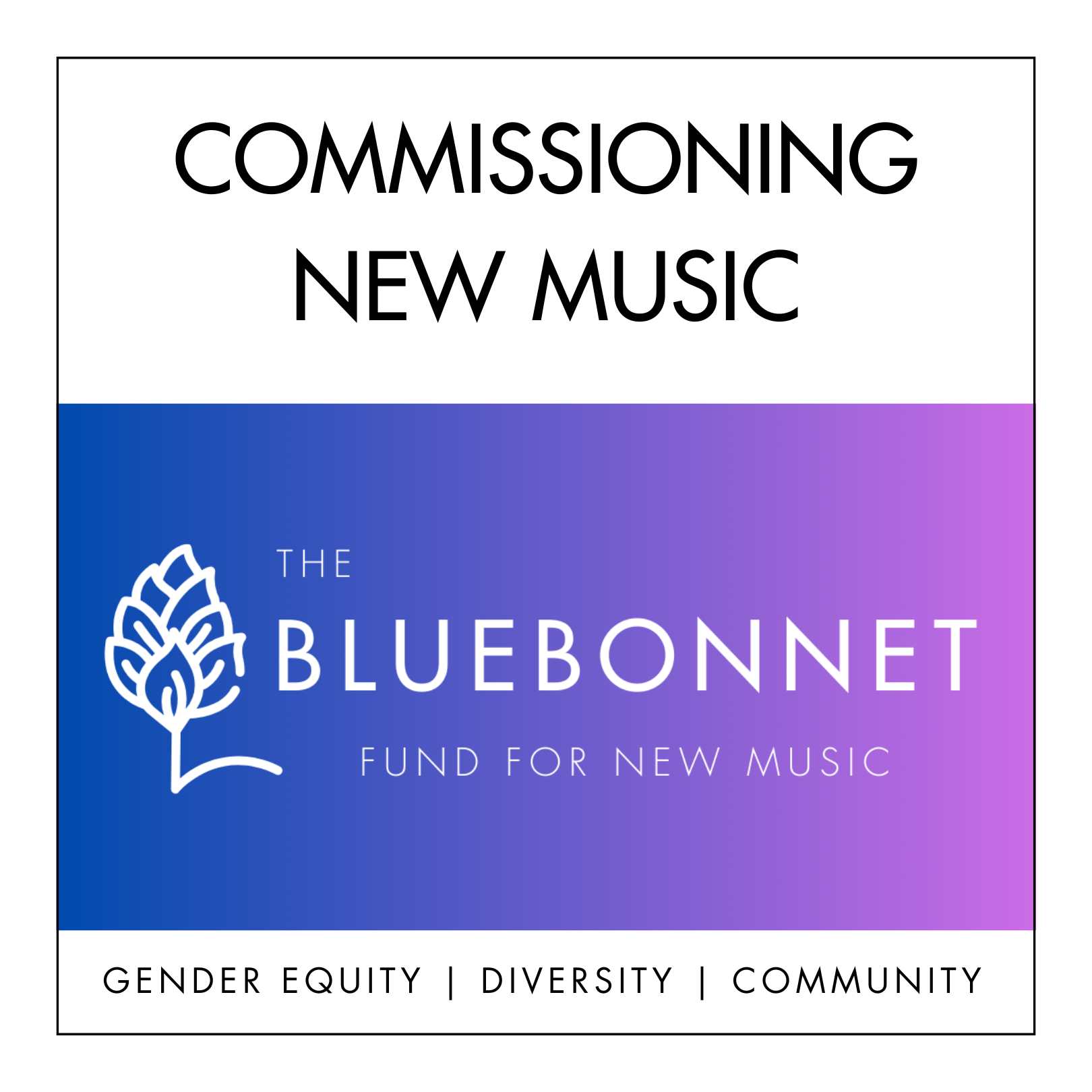 Text graphic announcing the program to commission new treble choral music through The Bluebonnet Fund, emphasizing gender equity, diversity, and community.
