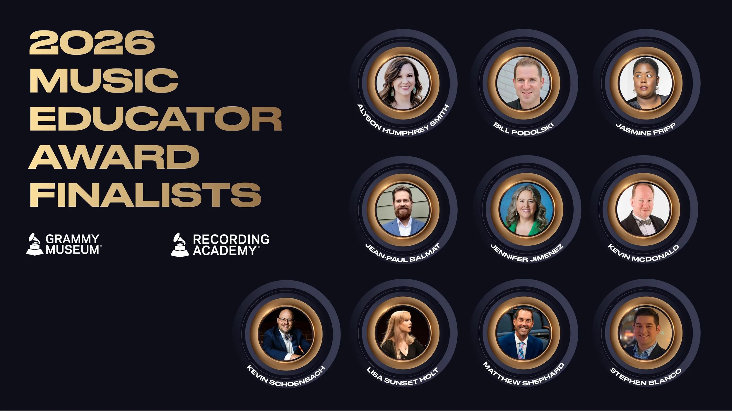 Grid of 2026 Music Educator Award finalists, including Lisa Sunset Holt, presented by Grammy Museum and Recording Academy.