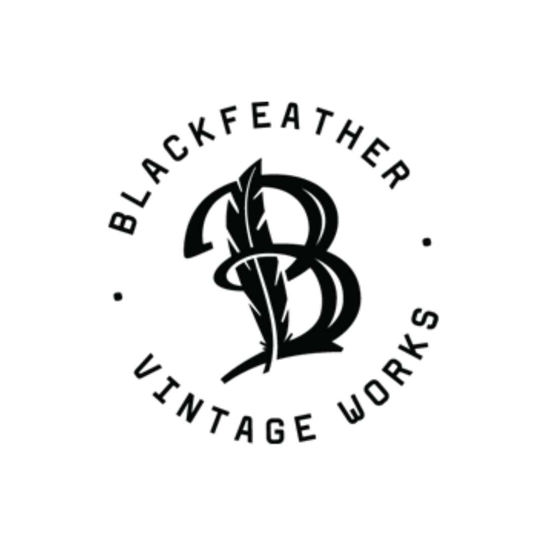 Blackfeather Vintage Works logo featuring stylized B monogram in black circular design
