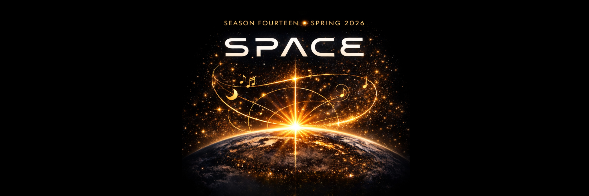Glowing cosmic landscape with golden light trails over a rugged planet surface. Title “SPACE” and “Season Fourteen Spring 2026” shine above in dramatic style.