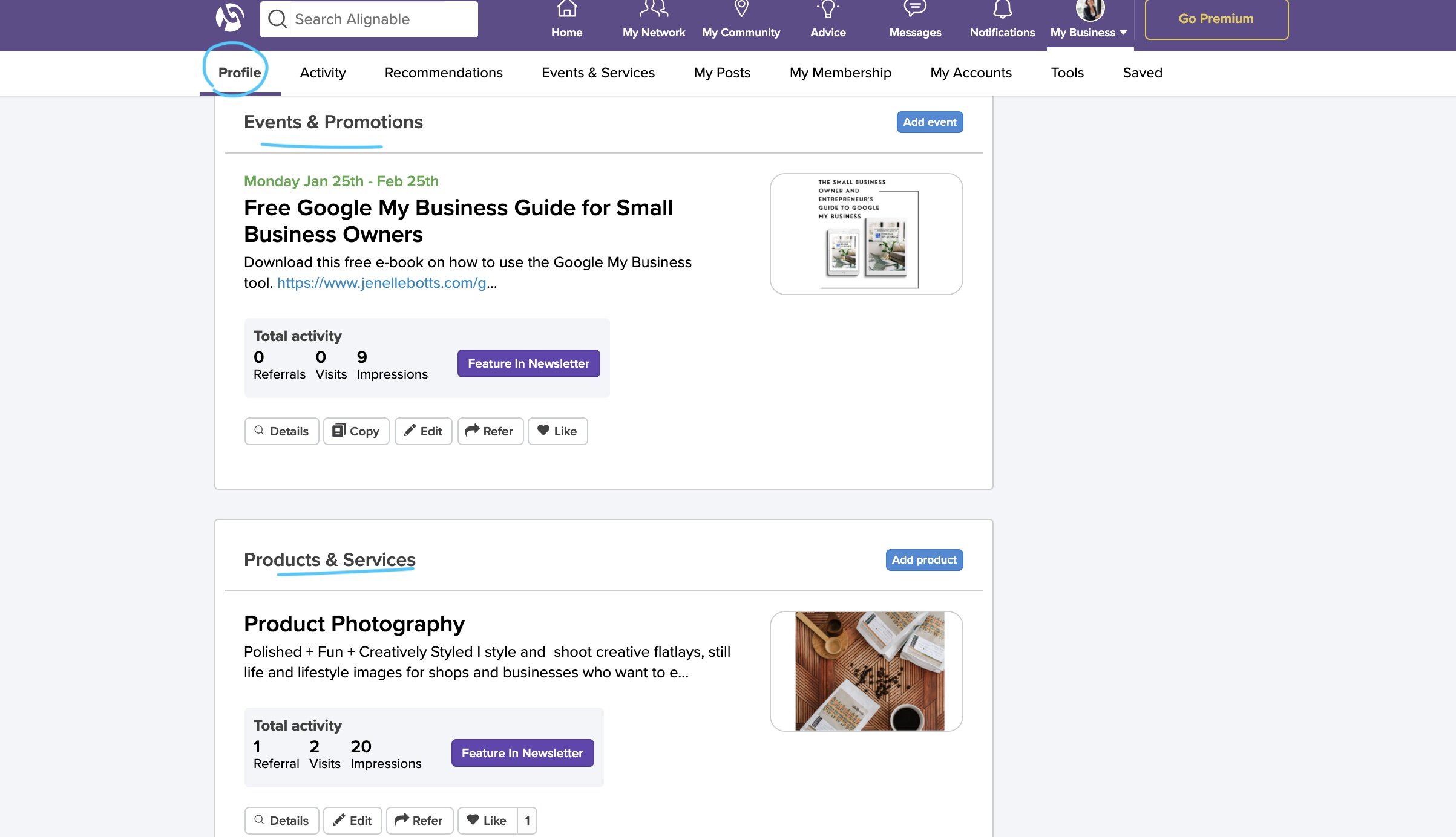 My events and services listed on my profile