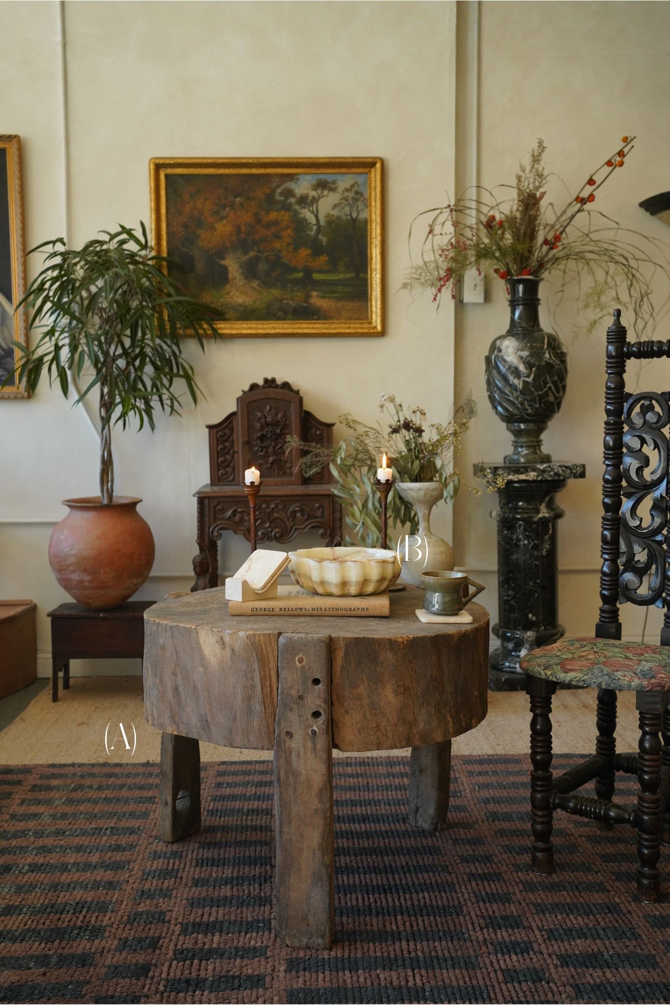(A) Handmade wooden butcher block table - $1199
(B) Brutalist style onyx bowl - $169