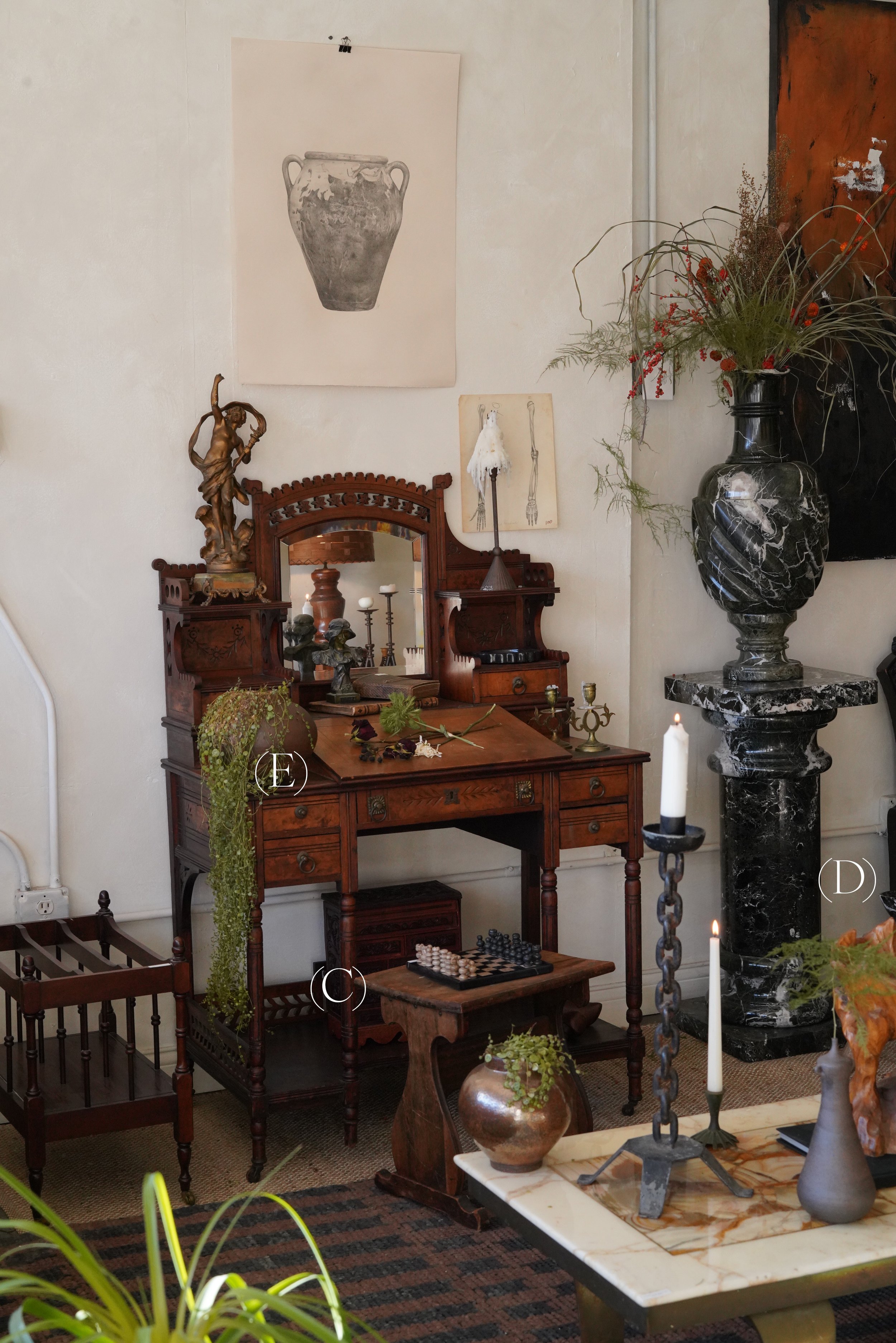 (C) Antique English Stool/Table - $109
(D) Antique Green Marble Pedestal - $1899
(E) Late 1800s Vanity - $1299