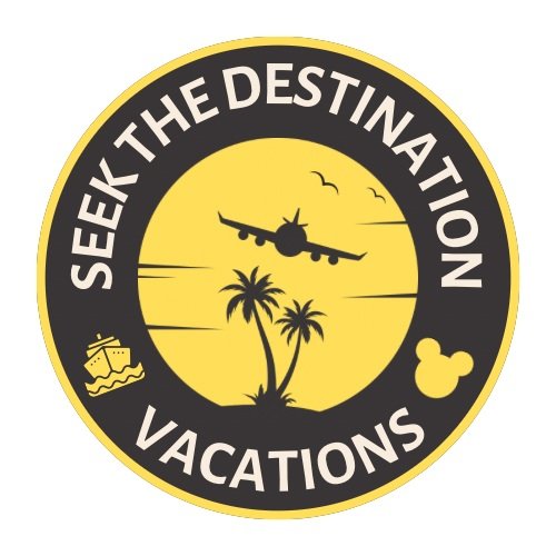 A circular logo with a yellow background and black border. It features airplane, palm trees, a cruise ship, and a Mickey Mouse silhouette, with the text "Seek the Destination Vacations" around the circle.