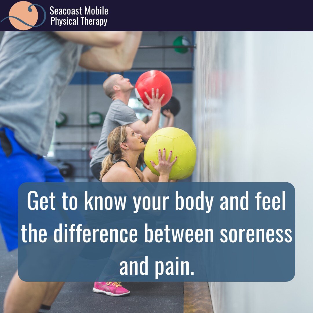 Soreness comes form moving your body in a predictable way, going for a walk, gardening, doing a workout.  Pain is a signal from your brain that your body may be in danger and that you should stop the action that you are doing.  They are both protecti
