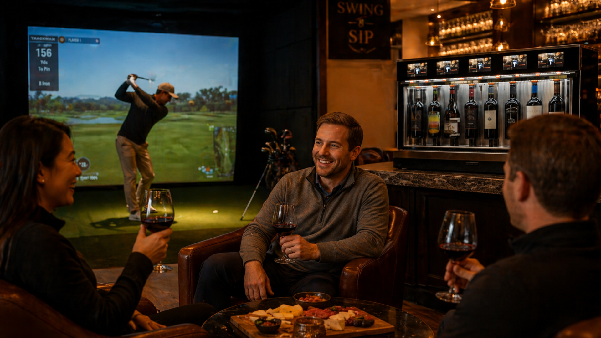 enjoying self-pour wine at the golf simulator
