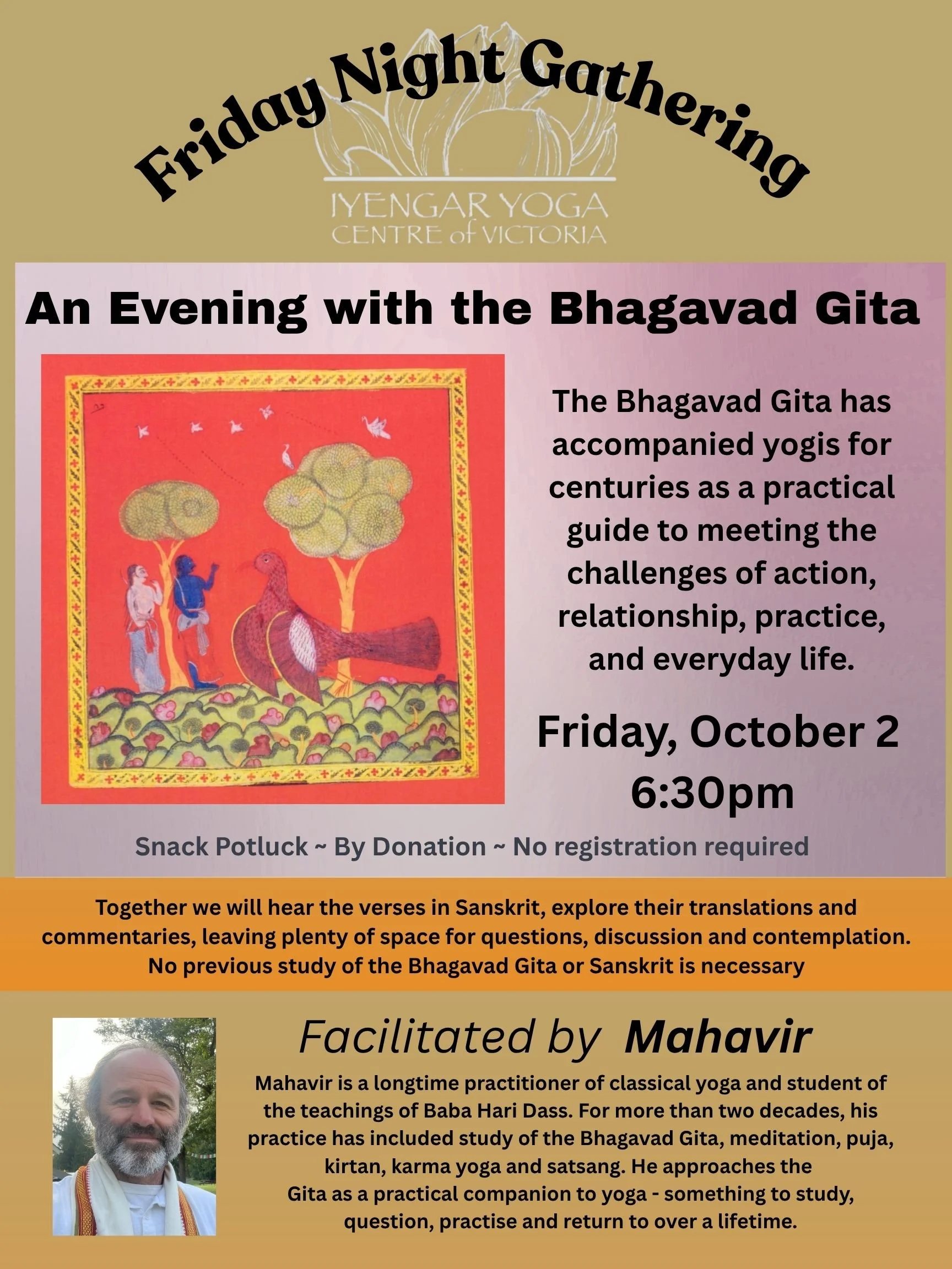 Friday Night Gathering at the Iyengar Yoga Centre of Victoria Oct. 2   ‘An Evening with the Bhagavad Gita’