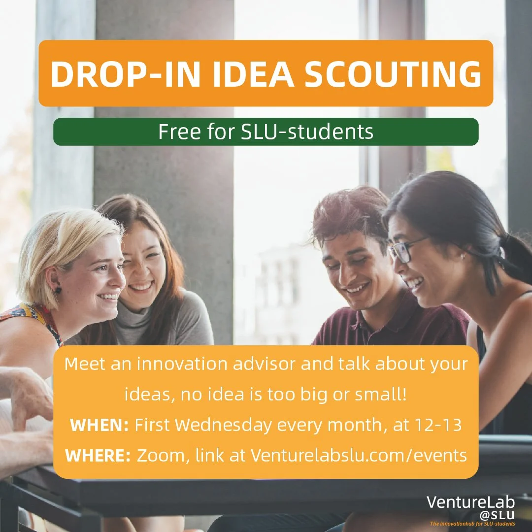 Meet innovation advisor Hanna Josefsson at VentureLab@SLU and talk about your ideas, no idea is too big or small!

When? First Wednesday every month (exept November) 12.00-13.00.

Where? Zoom, or if you rather meet in person you can come to Green Inn