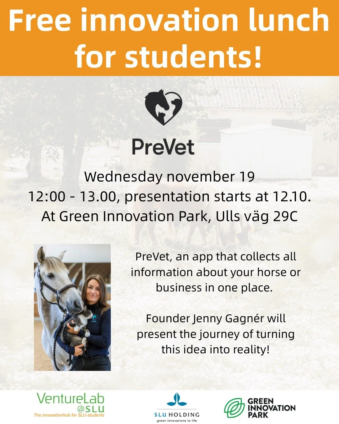 Come join us for a free lunch and get inspired! 
"If I, as a horse owner, would have had all the information about my horse and business gathered in one place, veterinary assessments would have involved less suffering and lower costs. That&rsqu