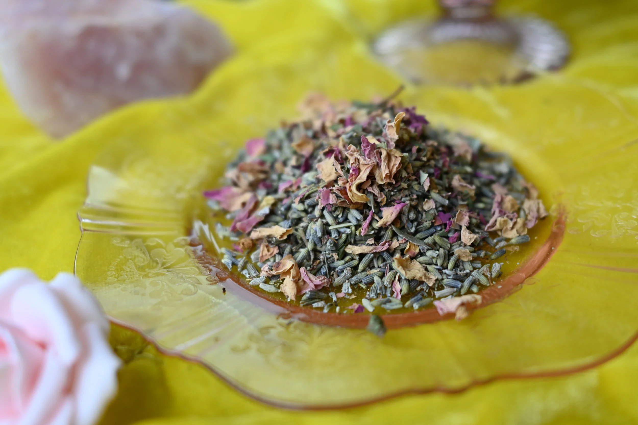 dried lavender and rose blended together to make a lavender-rose syrup. the syrup can be added to coffees, teas, and a number of other beverages. the magickal correspondences for lavender and rose are included in the recipe on this witchy blog post.