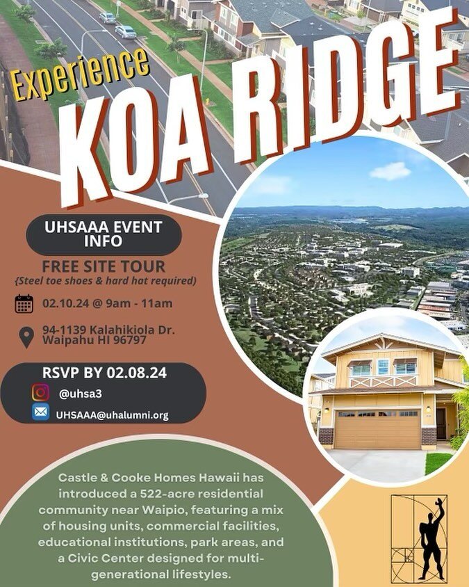 Join us for another site tour as we look to visit the upcoming 522 acre Koa Ridge community. This tour is FREE and requires a hard hat and steel toe shoes for your safety. 

WHEN: 2/10/24 at 9AM-11AM

Please RSVP by 2/8/24 via direct message or email