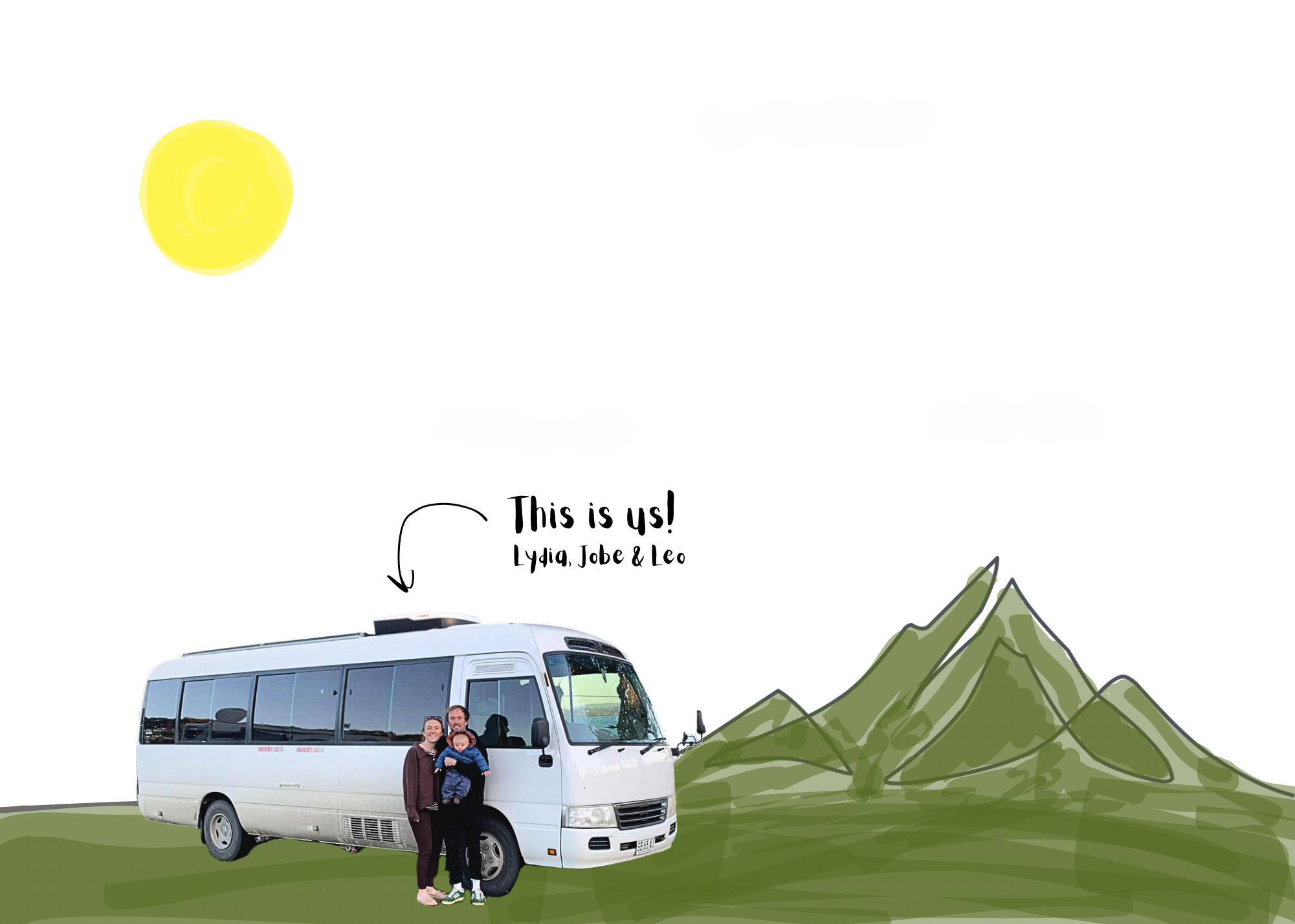 Three people standing in front of a white minibus on green grass, with a mountain in the background.