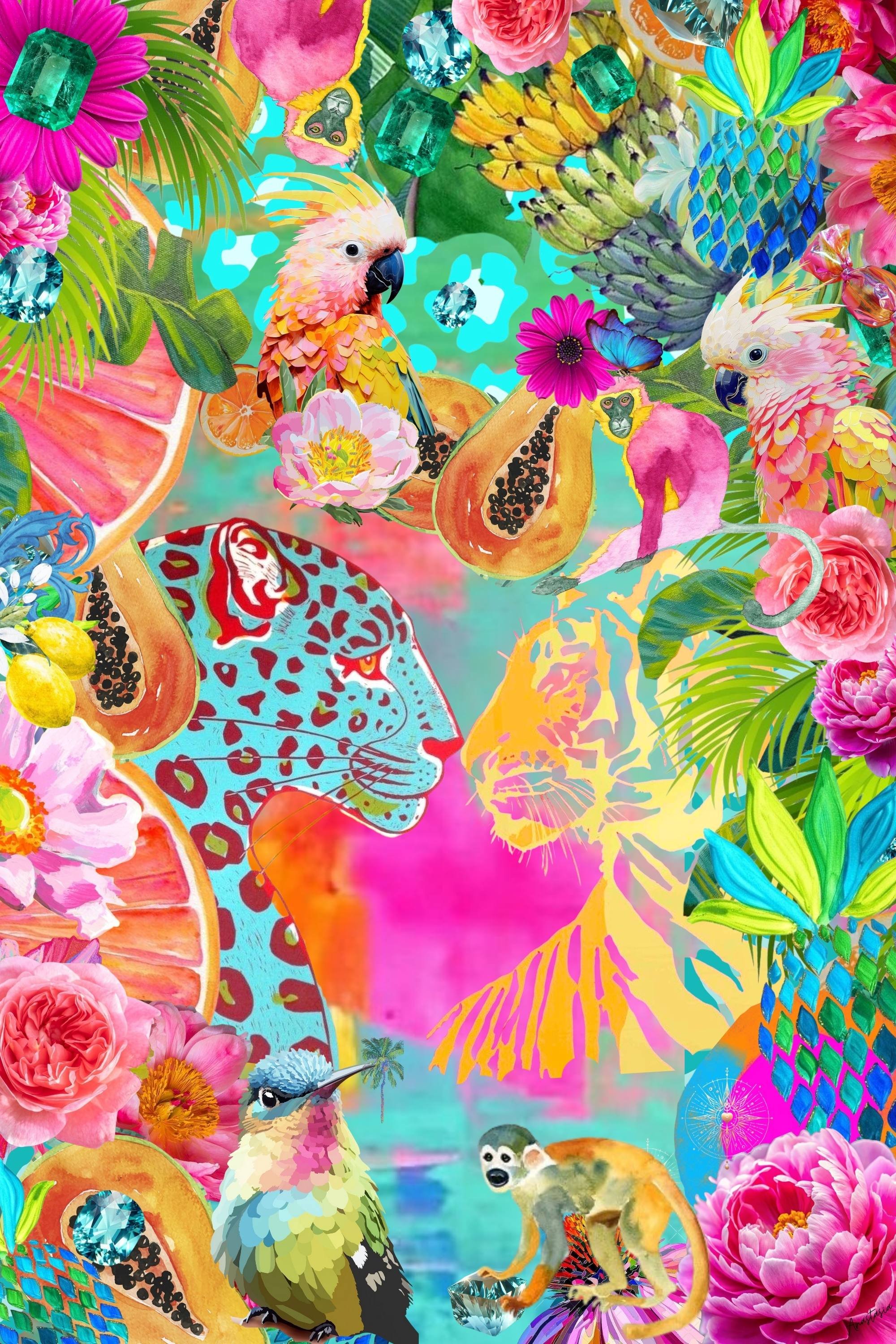 © Anastasia Kaesbach. Lebendige Collage aus tropischen Tieren und Früchten, darunter Papageien, ein Jaguar, ein Tiger, ein Kolibri, ein Affe und ein Lemur, umgeben von bunten Blumen, Ananas, Papayas und üppigen grünen Blättern.