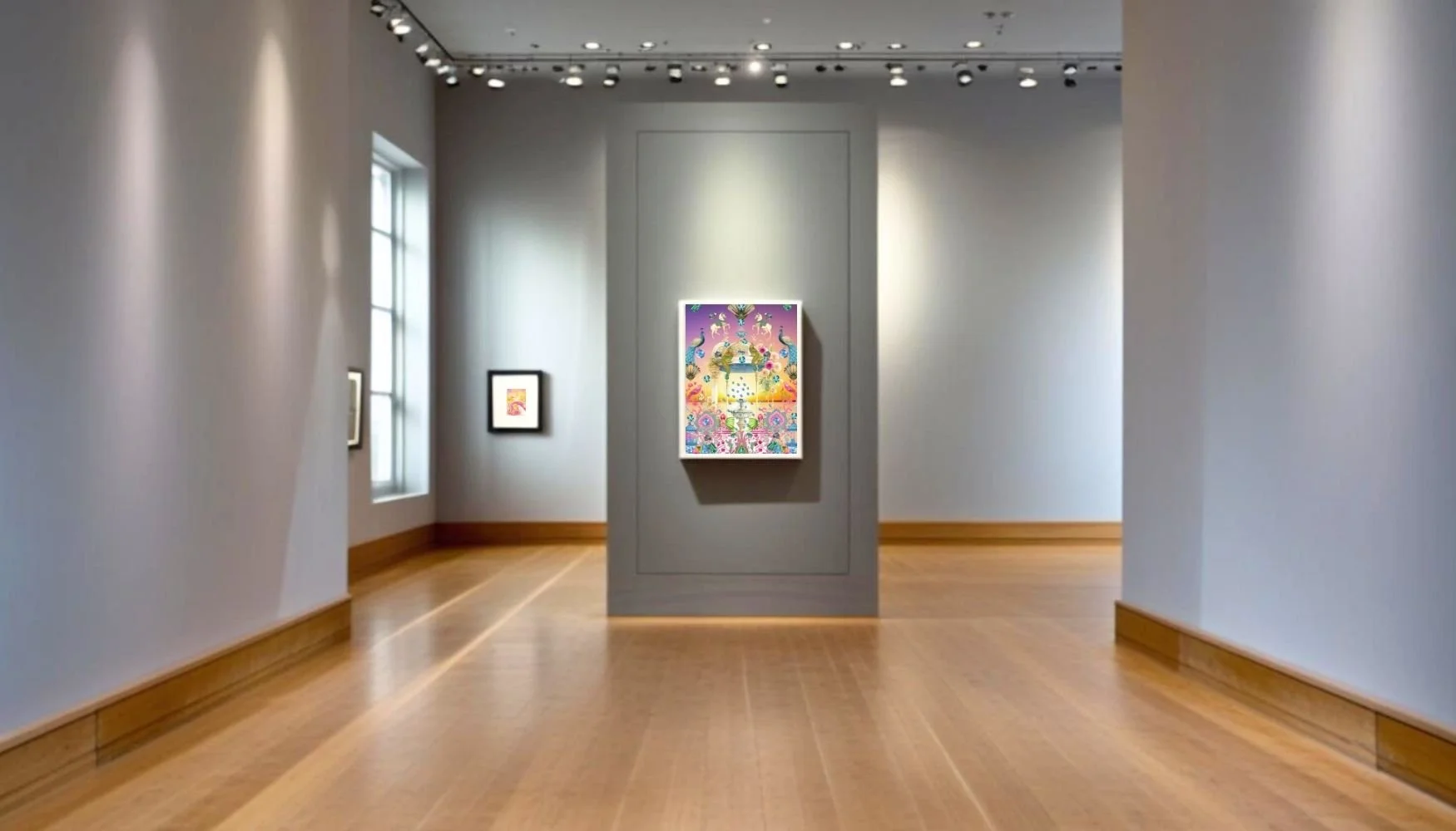 Art gallery with three framed artworks by Anastasia Kaesbach on gray walls, featuring a central hanging piece with colorful, whimsical characters and animals, and a wooden floor.