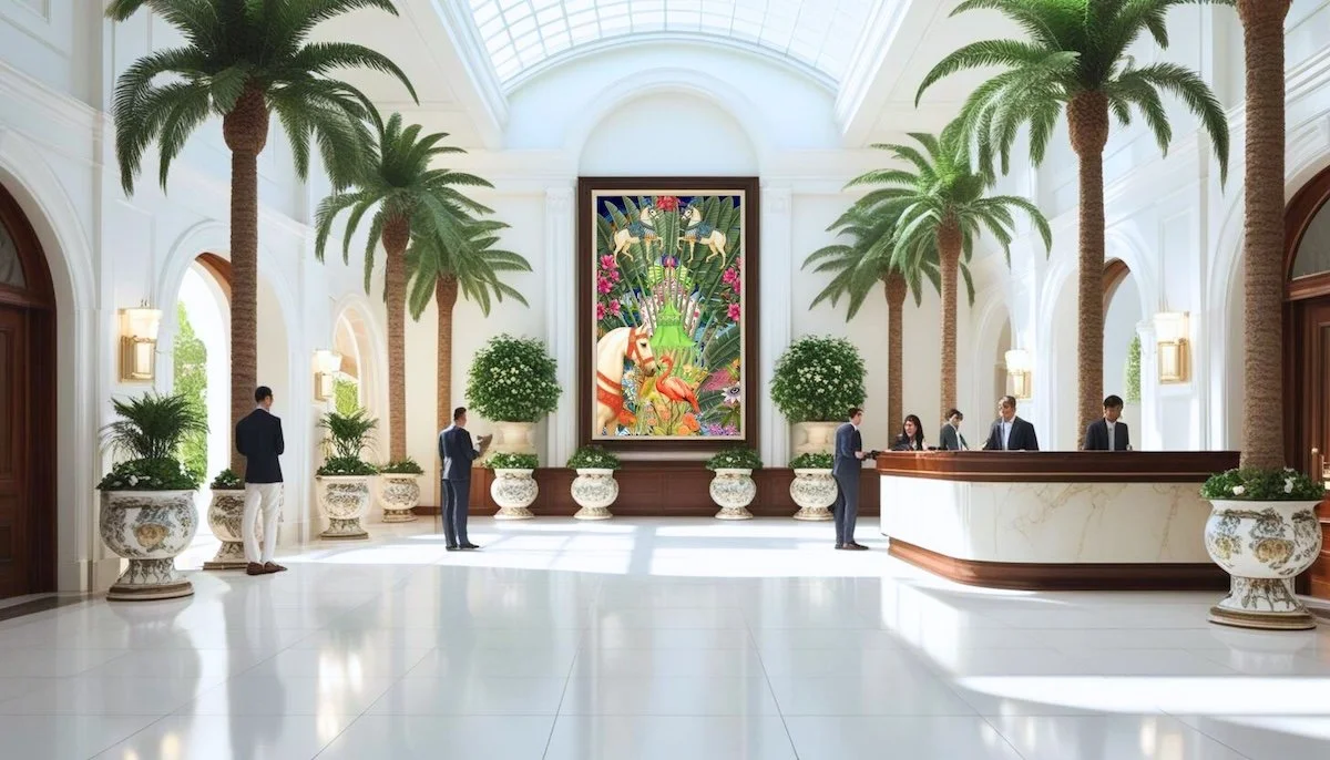 Luxurious hotel lobby with tall palm trees, and a curved reception desk. There is a large colorful painting by Anastasia Kaesbach of exotic animals and flowers on the back wall, with natural light streaming through on a high arched ceiling. 
