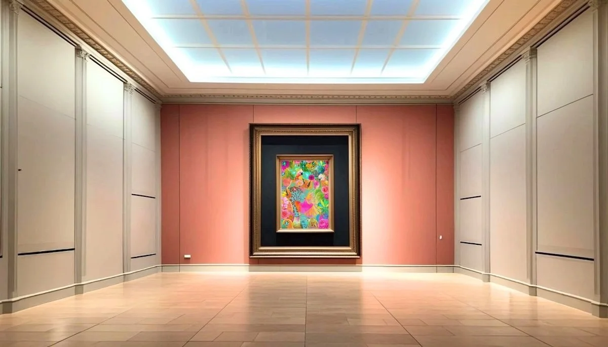 Anastasia Kaesbach art gallery room with light-colored walls, a pink accent wall, and a large framed colorful abstract painting in the center.