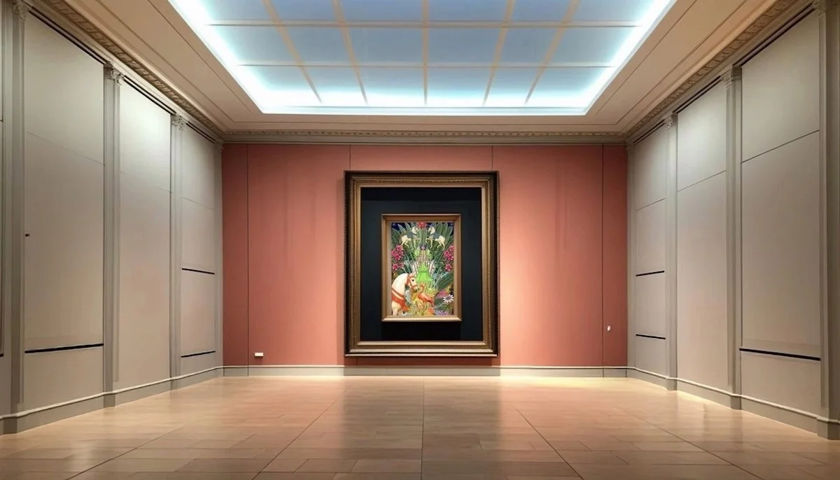 Anastasia Kaesbach art gallery with a framed painting on the pink wall, wooden floor, and illuminated ceiling.