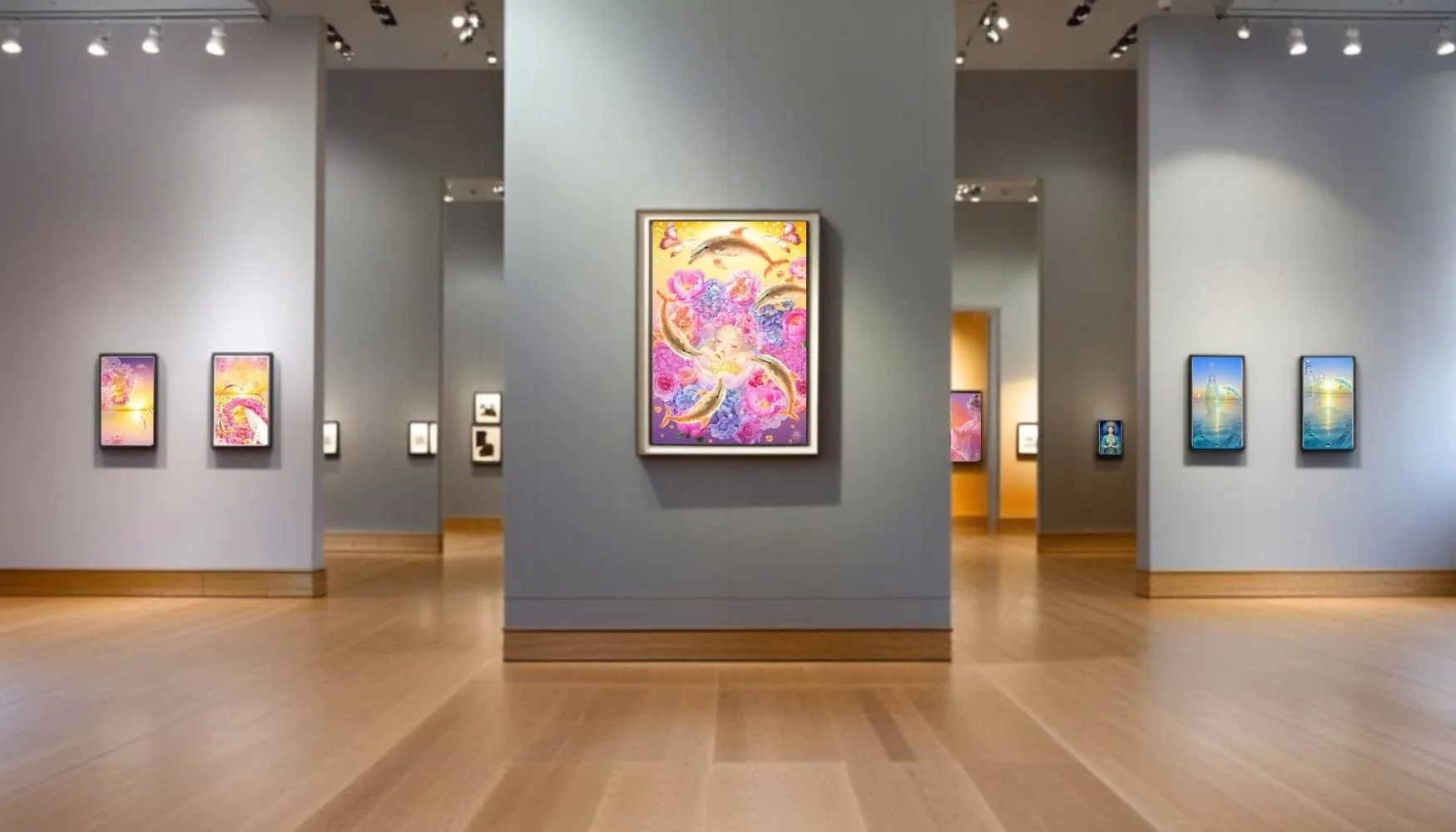 Gallery interior with multiple framed digital artworks  by Anastasia Kaesbach on light gray walls, wooden floors, and overhead lighting.