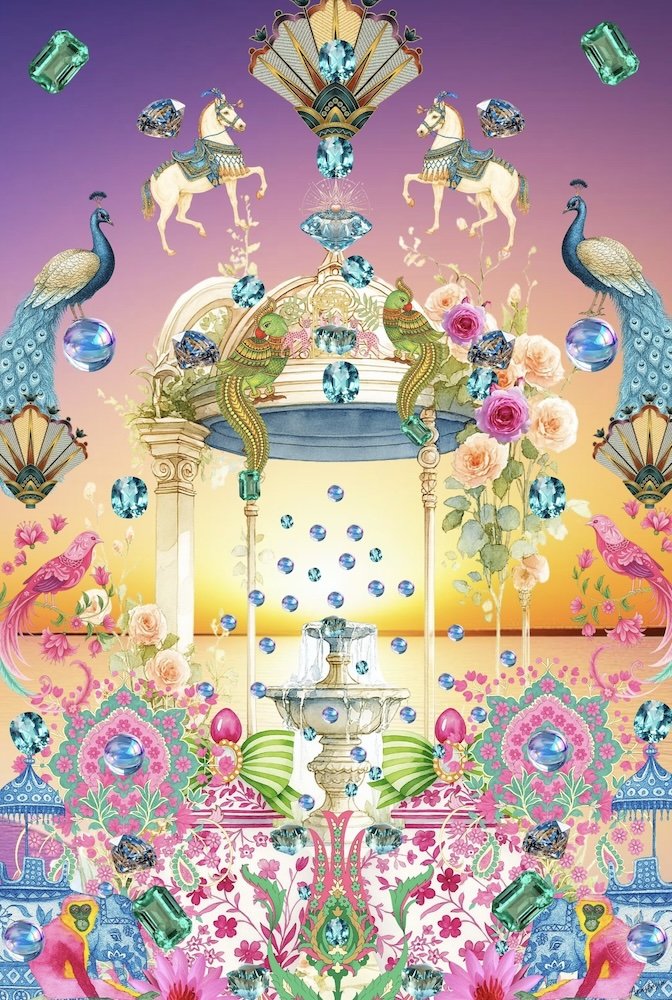 © Anastasia Kaesbach. Eine traumhafte Fantasieszene mit Pfauen, Pferden, Chamäleons, Rosen, Edelsteinen und Springbrunnen vor einem pastellfarbenen Hintergrund mit Sonnenuntergang.