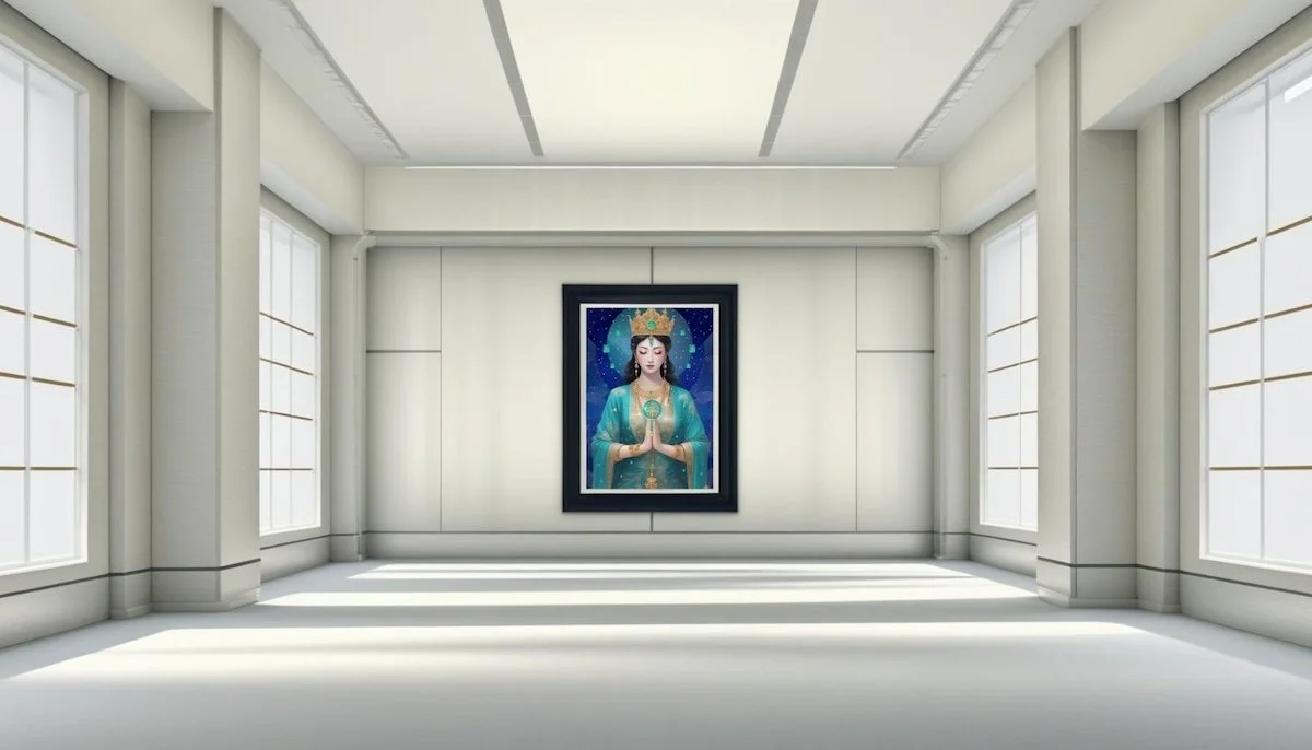 A spiritual artwork by Anastasia Kaesbach depicting a serene female figure with a halo and hands in prayer, framed and hanging on a white wall in a bright, minimalist gallery room with large windows letting in sunlight.