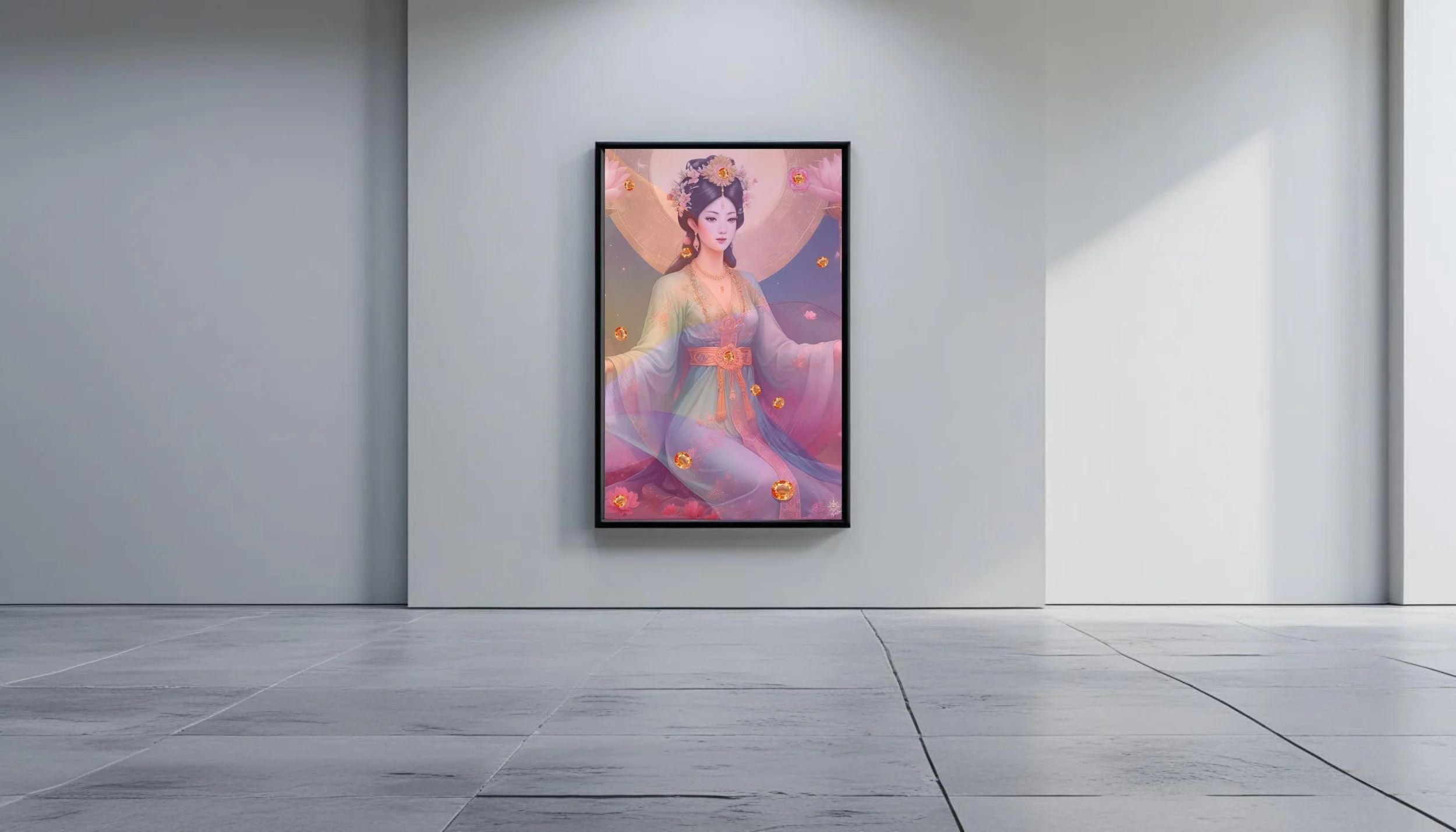 Digital artwork by Anastasia Kaesbach of a woman in traditional Asian attire with elaborate hair ornaments, surrounded by pink and purple hues, displayed in a black frame on a minimalist white gallery wall.