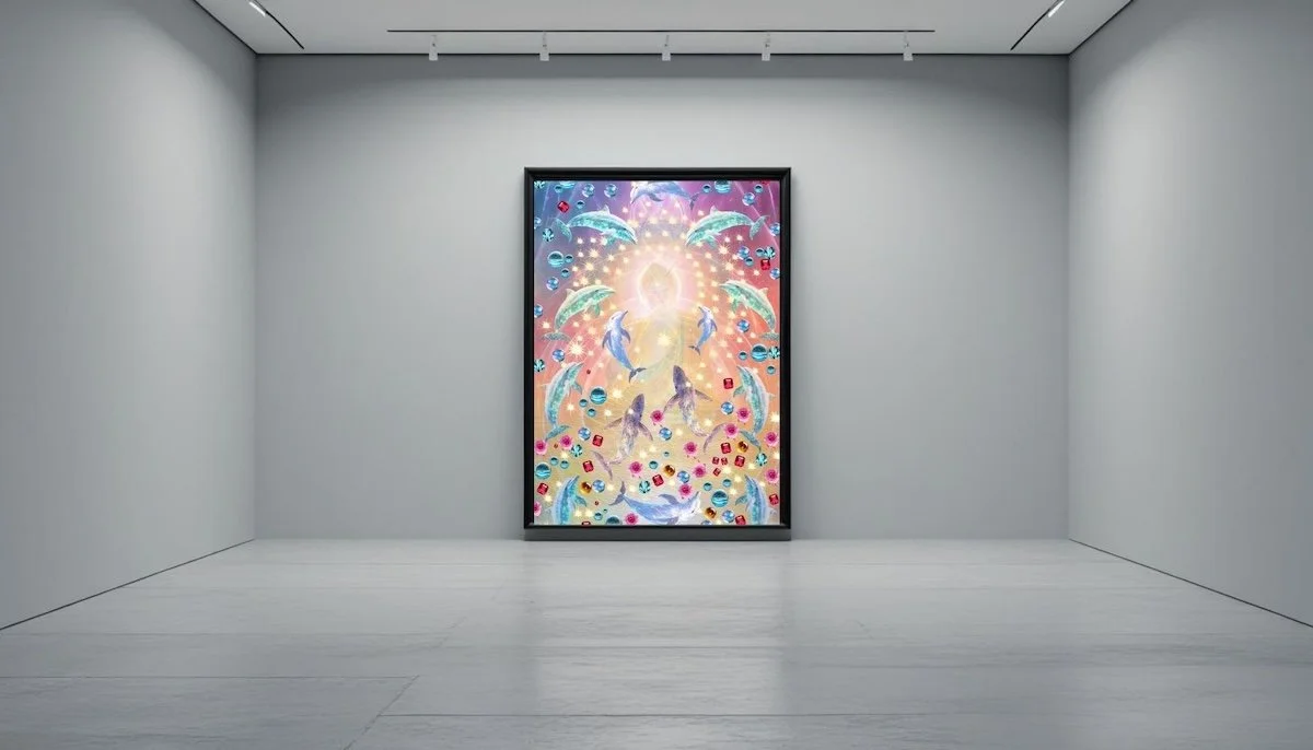 Colorful artwork by Anastasia Kaesbach of dolphins jumping around a glowing radiant light, surrounded by vibrant bubbles and abstract shapes in a gallery setting.