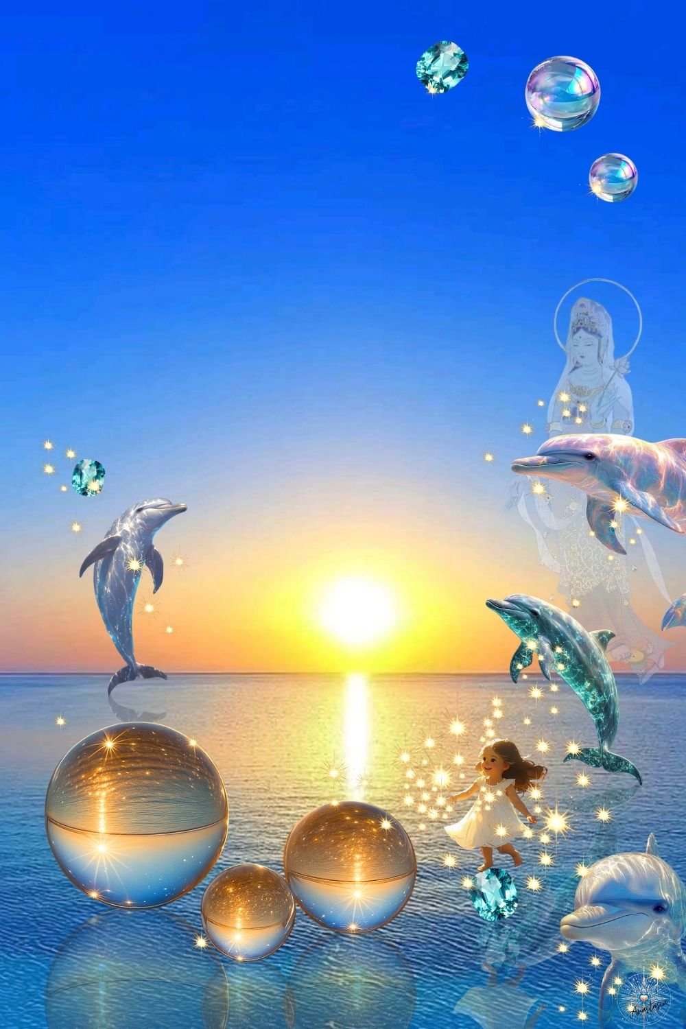 ©Anastasia Kaesbach. Digitales Kunstwerk eines Sonnenuntergangs über dem Wasser mit springenden Delphinen, schwebenden Kugeln, einem jungen Mädchen in einem weißen Kleid, umgeben von leuchtenden Sternen, und schwachen Bildern einer Göttin und schwebenden Diamanten am Himmel.